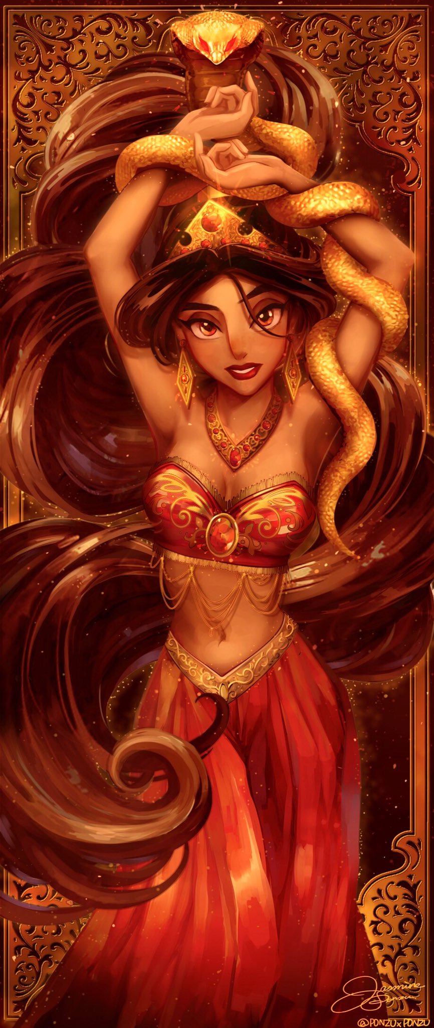 1girls, aladdin, arabian, belly dancer, belly dancer outfit, black hair, breasts, brown eyes, cleavage, corruption, dark skin, dark-skinned female, disney, disney princess, enslaved royal, evil queen jasmine, female, female only, harem girl, harem outfit, harem pants, large breasts, ponzuxponzu, princess jasmine, royalty, slave, slave girl, slave outfit, snake, tiara
