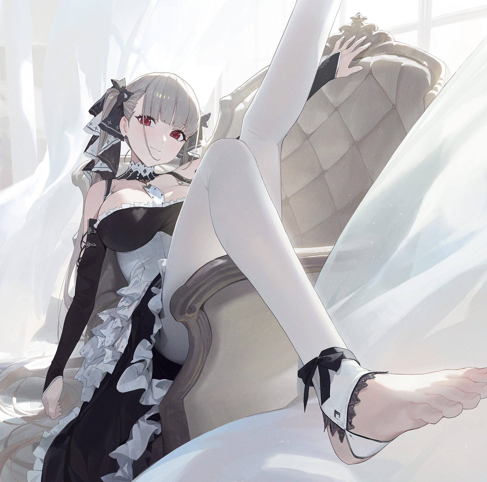 ankle ribbon, azur lane, bangs, barefoot, black dress, black ribbon, breasts, bridal gauntlets, closed mouth, clothing, couch, dress, eyebrows visible through hair, feet, female, foot focus, foot out of frame, foreshortening, formidable (azur lane), frilled dress, frills, grey hair, hair ornament, hair ribbon, head tilt, high resolution, jeonghee1414, kneepits, large breasts, leg ribbon, leg up, legwear, light blush, long hair, looking at viewer, lying, no shoes, on back, on couch, one arm up, pantyhose, red eyes, ribbon, sitting, solo, stirrup legwear, tied hair, toeless legwear, toenails, toes, twintails, very long hair, white legwear