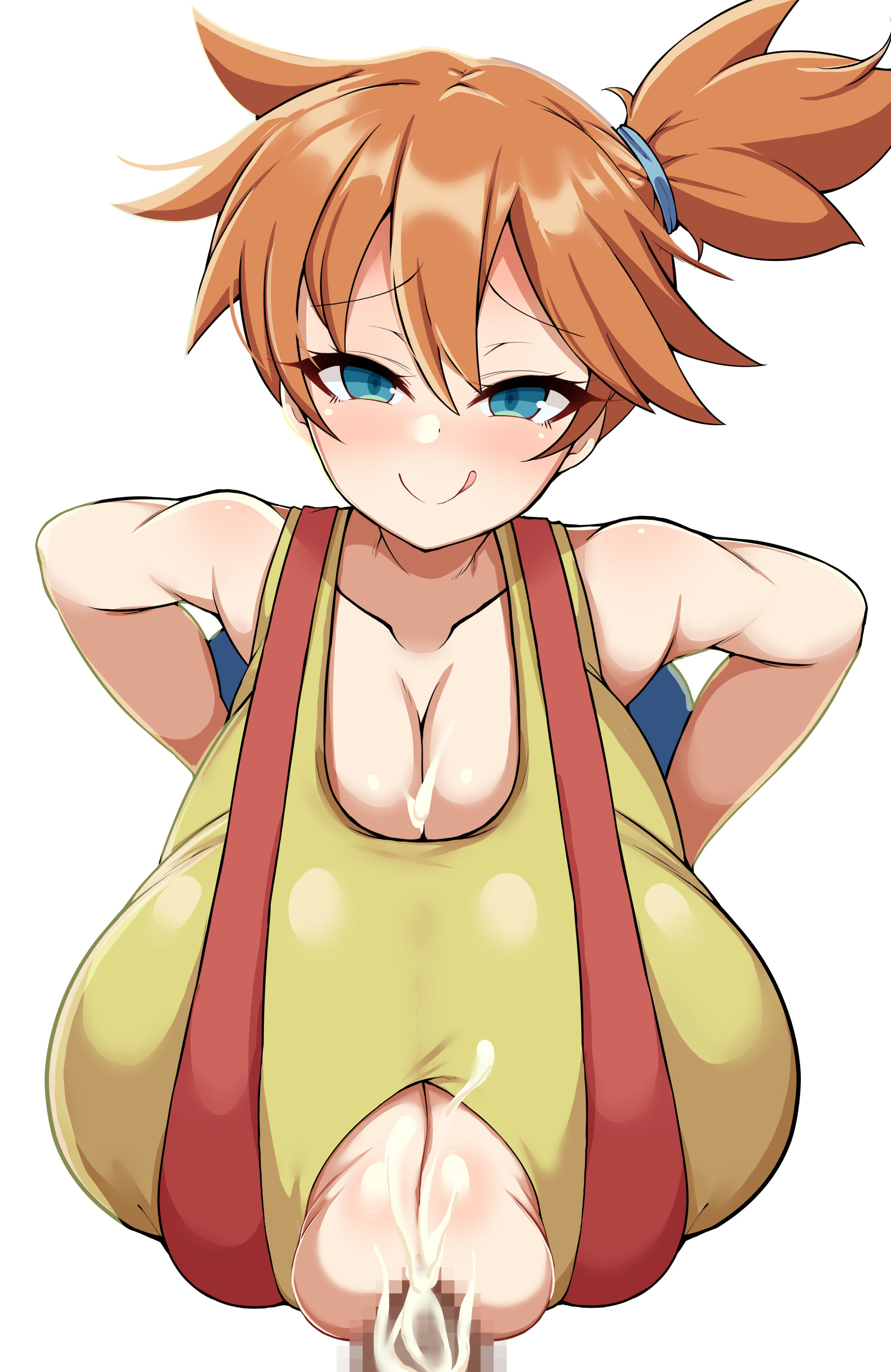 1boy, 1girls, alternate breast size, big breasts, blush, breasts, breasts bigger than head, clothed, detritus, duvet208, ejaculation, female, gigantic breasts, green eyes, huge breasts, hyper, hyper breasts, kasumi (pokemon), large breasts, male, misty (pokemon), nintendo, orange hair, penis, pokemon, pokemon rgby, red hair, sagging breasts, smile, solo, solo female, steam, suspenders, top heavy, upper body