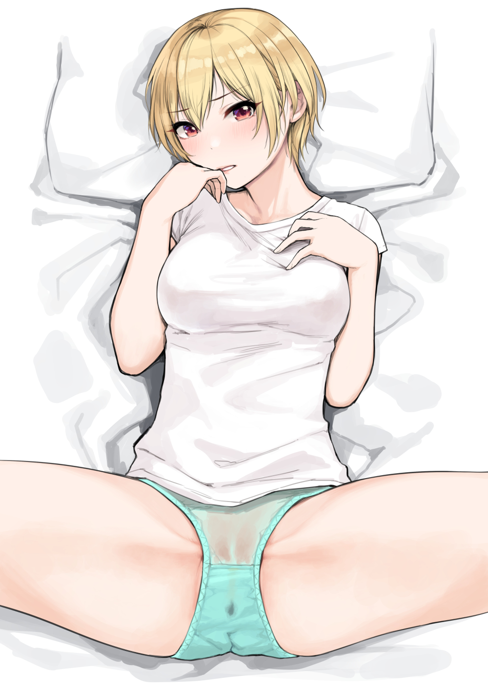 1girls, bangs, bed sheet, blonde hair, blue panties, blush, breasts, commentary, female, female only, green panties, groin tendon, hand on own cheek, hand on own chest, hand on own face, head on pillow, highres, idolmaster, idolmaster shiny colors, looking at viewer, lying, medium breasts, nipple bulge, nipples visible through clothing, on back, on bed, panties, parted lips, pillow, purple eyes, pussy, pussy juice stain, red eyes, saijo juri, see-through, see-through panties, shirt, short hair, solo, spread legs, sunaba suzume, t-shirt, underwear, very short hair, wet, wet clothes, wet panties, white shirt