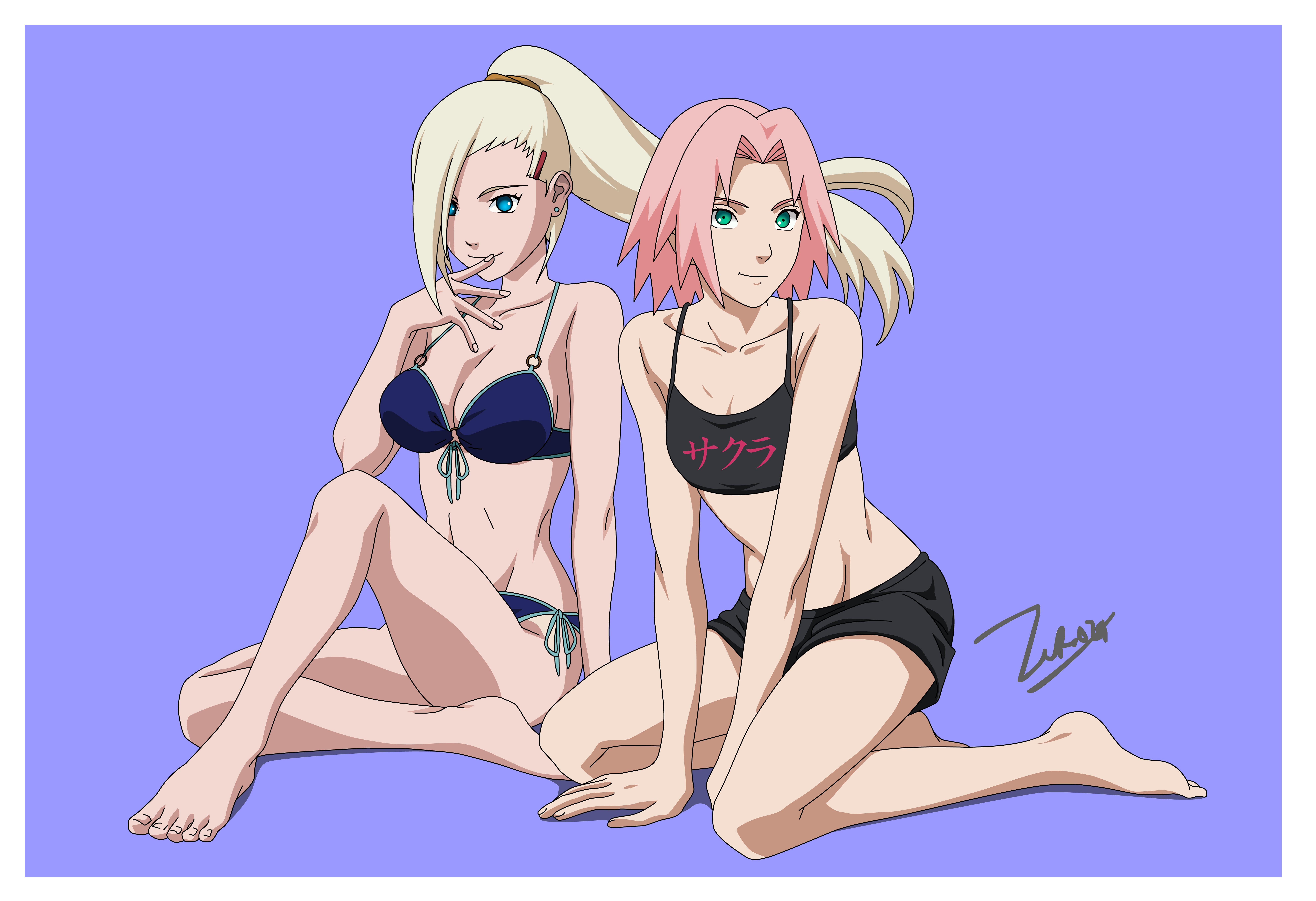 2girls, alternate costume, barefoot, bikini, blonde hair, blue eyes, breasts, feet, female, female only, front-tie bikini, fully clothed, green eyes, hair over one eye, ino yamanaka, kneeling, looking at viewer, midriff, multiple females, multiple girls, naruto, naruto (series), naruto shippuden, pink hair, ponytail, sakura haruno, shorts, side-tie bikini, sitting, smile, swimsuit, tied hair, toes, very long hair, zero024