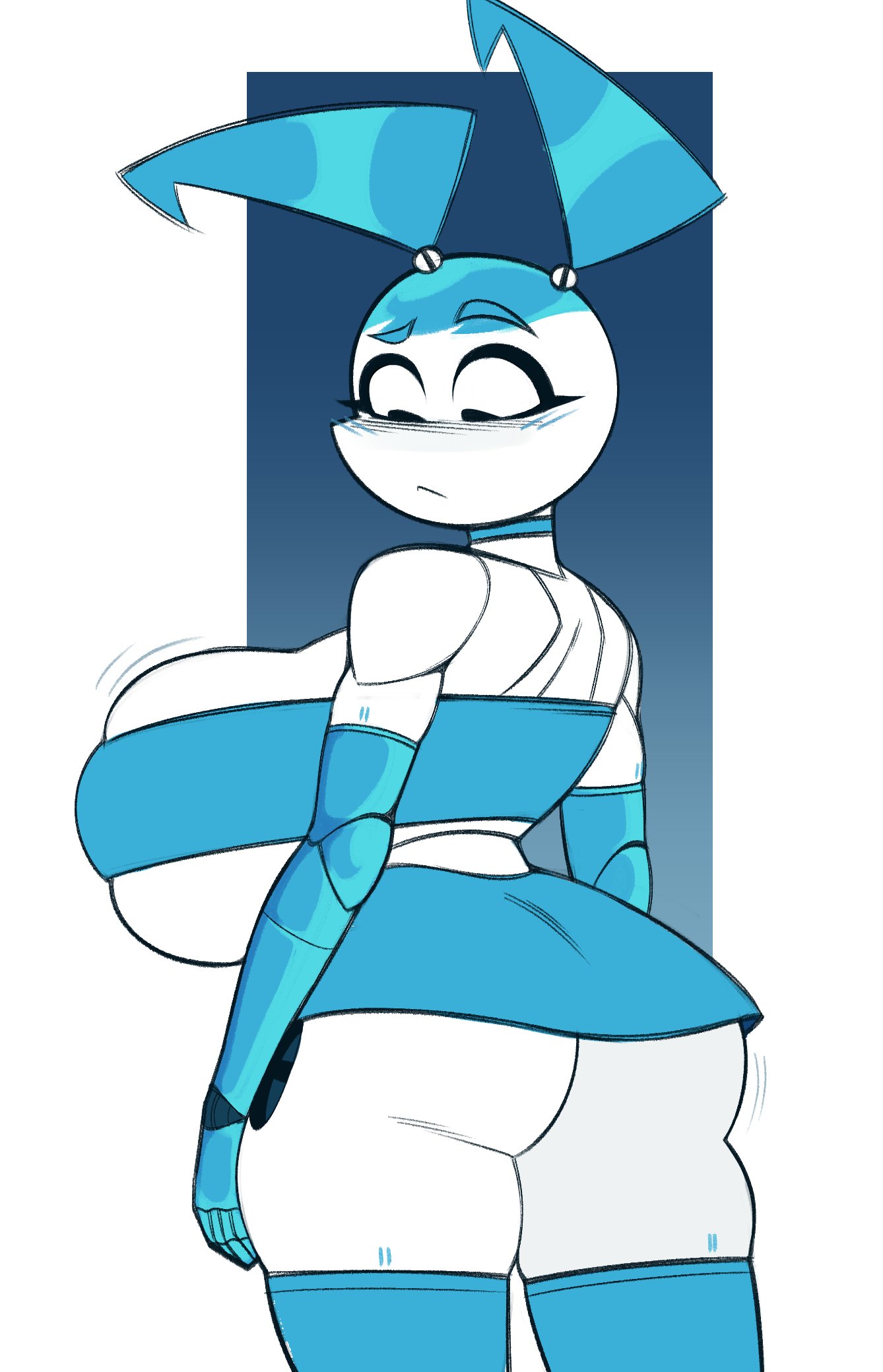 1girls, ass, big ass, big breasts, blush, breasts, cleavage, clothing, fat ass, female, female only, footwear, gynoid, handwear, huge ass, huge breasts, jenny wakeman, large ass, large breasts, looking back, machine, miniskirt, my life as a teenage robot, nickelodeon, robot, simple background, skirt, solo, solo female, standing, thick thighs, thighhighs, upskirt, wide hips, xj-9, zetaskully
