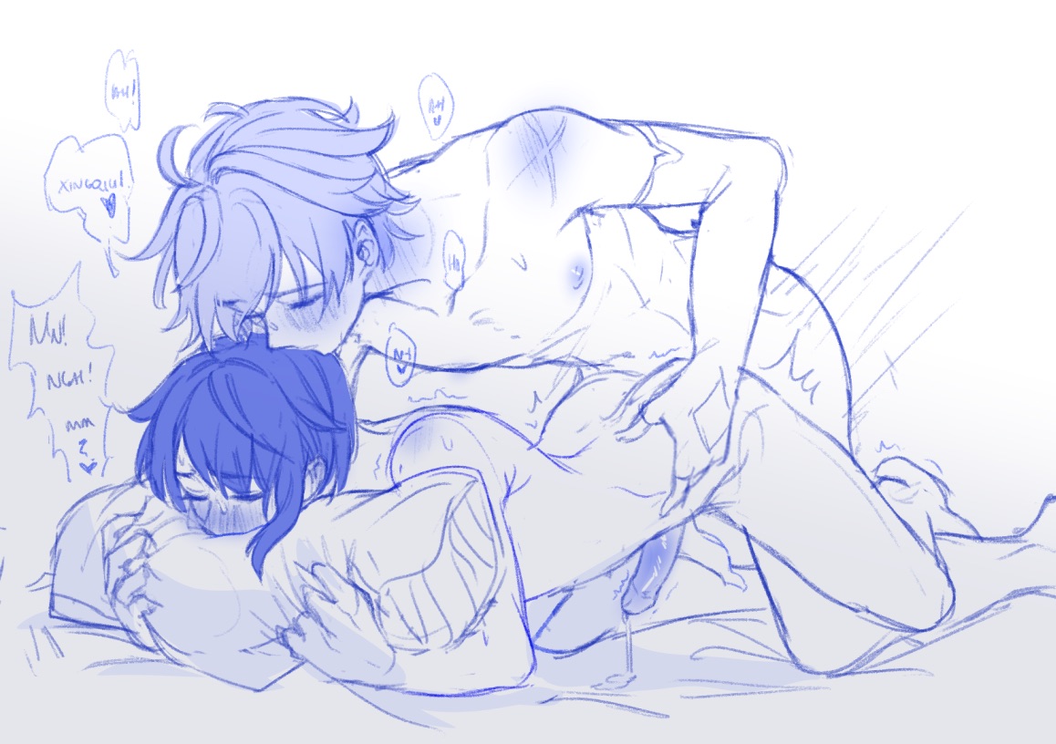 2boys, anal, anal sex, blush, chongyun (genshin impact), face down ass up, face in pillow, from behind, from behind position, gay, gay sex, genshin impact, grabbing hips, male, male only, non-canonical size, submissive male, waist grab, xingqiu (genshin impact), yaoi
