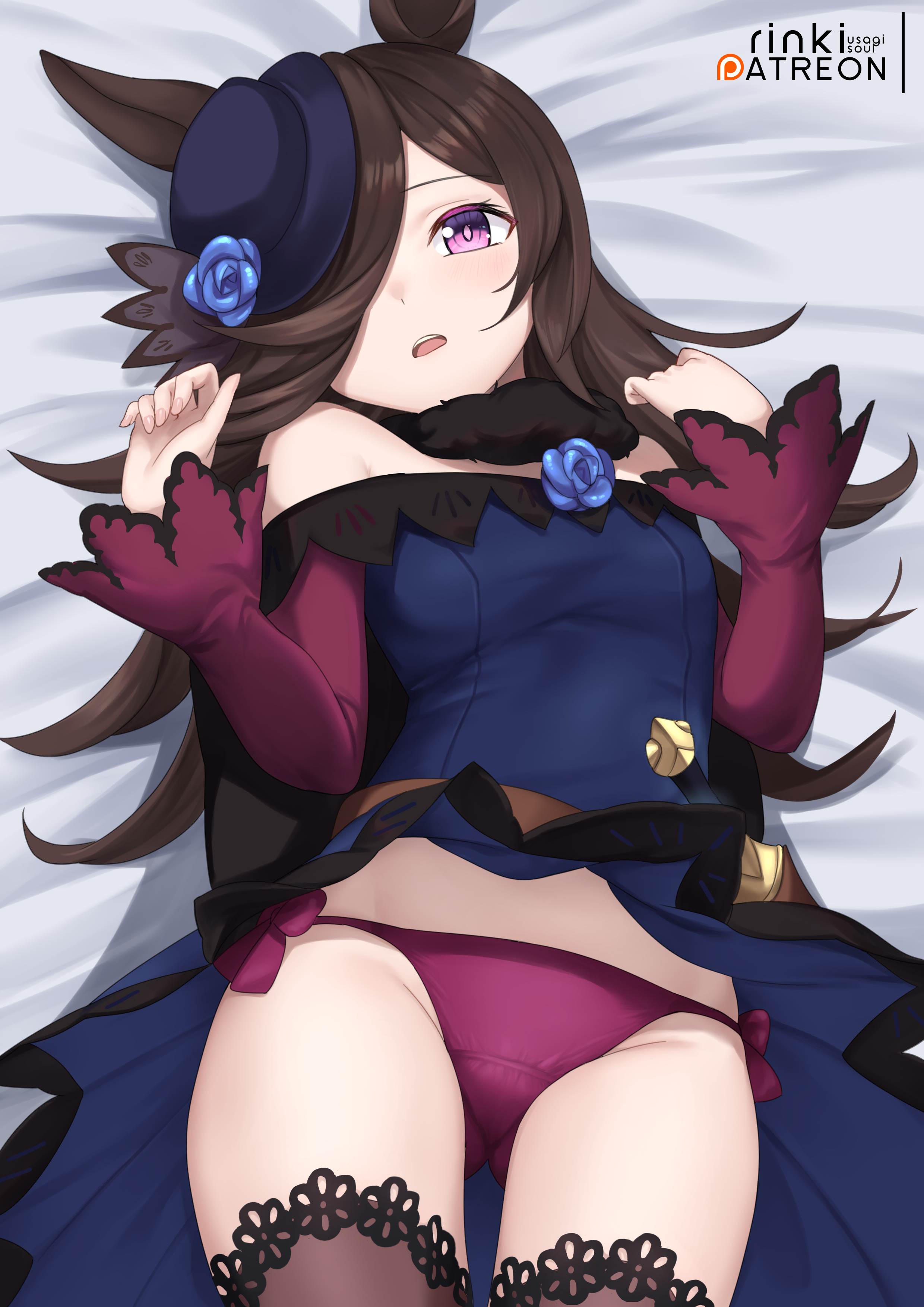 absurdres, animal ears, bare shoulders, bed sheet, blue dress, breasts, brown hair, commentary, dress, female, fur collar, hair over one eye, hat, highres, horse ears, horse girl, lo xueming, long hair, long sleeves, looking at viewer, lying, off shoulder, off-shoulder dress, on back, on bed, open mouth, panties, purple eyes, red panties, rice shower (rosy dreams) (umamusume), rice shower (umamusume), small breasts, solo, thighhighs, tilted headwear, umamusume, underwear