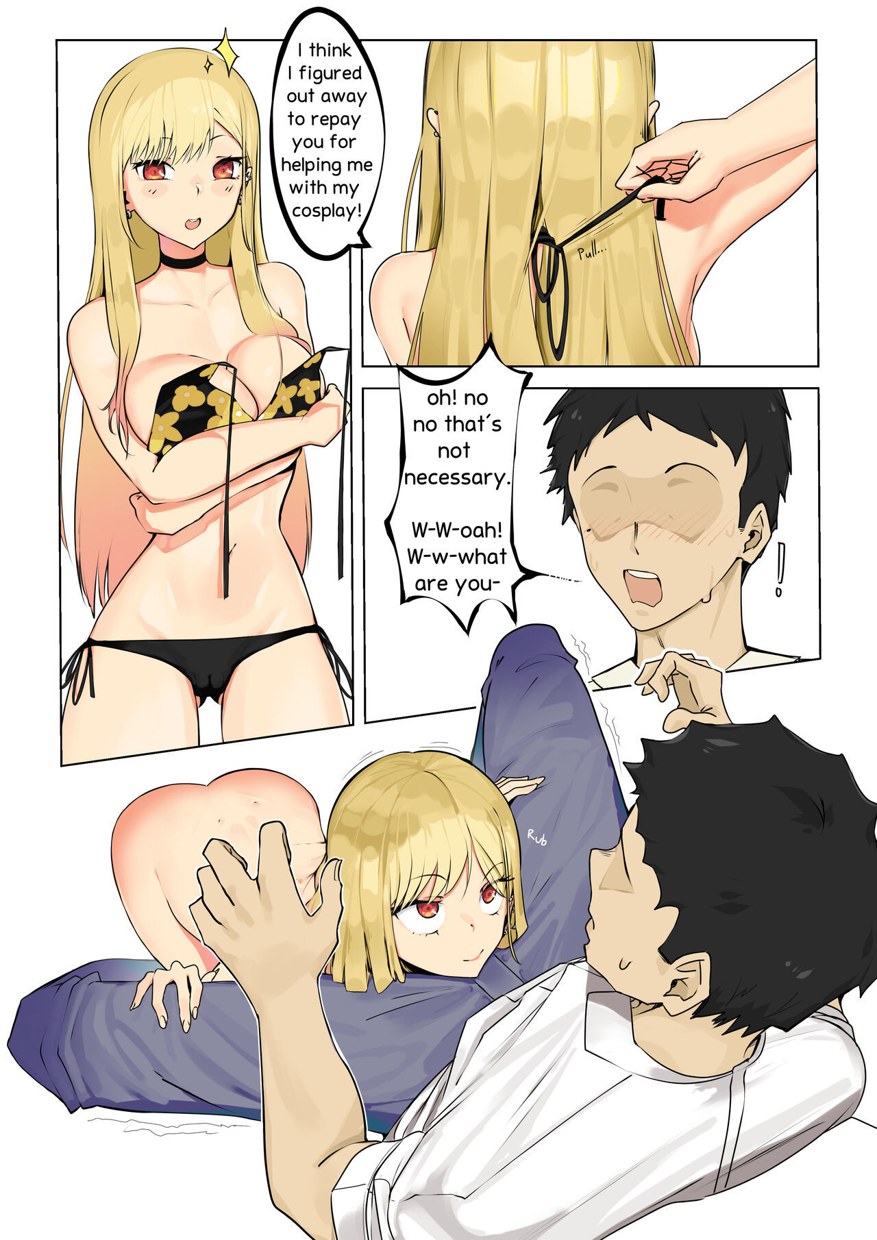 adore for, adore nice, ass, bikini, blonde hair, choker, clothed, comic, comic page, confused, female, gojou wakana, gyaru, head in crotch, horny female, kitagawa marin, lap, long fingernails, male, scared expression, sono bisque doll wa koi wo suru, stripping, taking clothes off