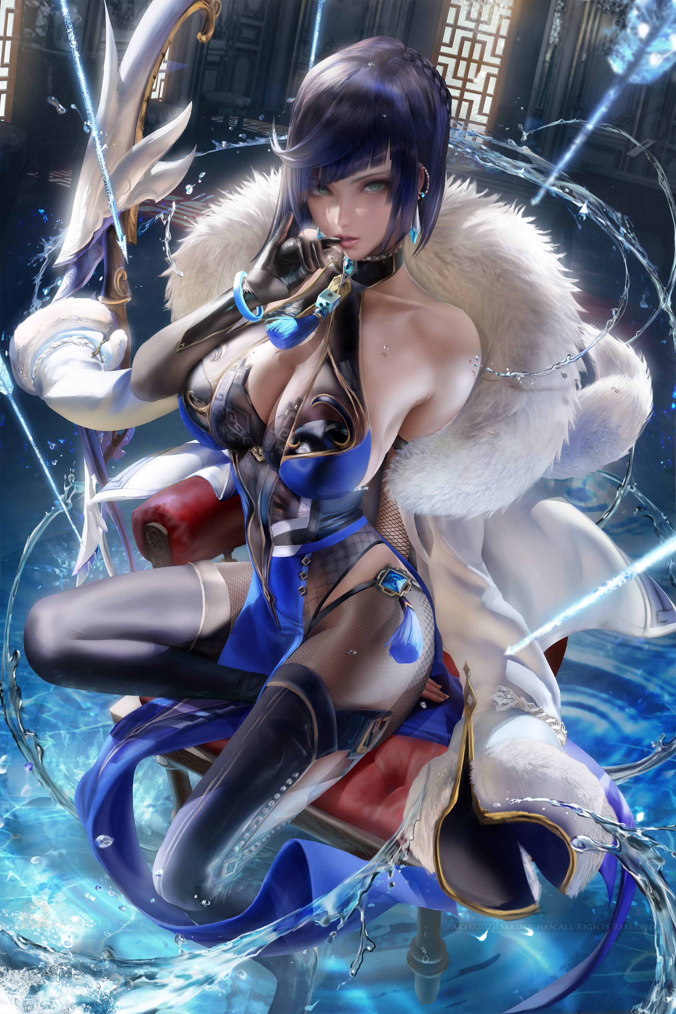 1girls, absurd res, absurdres, bare shoulders, big breasts, black bodysuit, black gloves, blue clothes, blue clothing, blue dress, blue hair, bodysuit, bodysuit under clothes, bow (weapon), breasts, busty, chair, cleavage, clothed, clothed female, clothing, coat, dress, female, female focus, female only, fit, fit female, genshin impact, gloves, green eyes, high resolution, highres, hime cut, large breasts, large filesize, light skin, light-skinned female, red chair, sakimichan, short hair, sitting, sitting down, sitting on chair, slim female, slim waist, solo, solo female, solo focus, thick thighs, thighs, toned, toned body, toned female, very high resolution, water, weapon, white clothing, white coat, yelan (genshin impact)