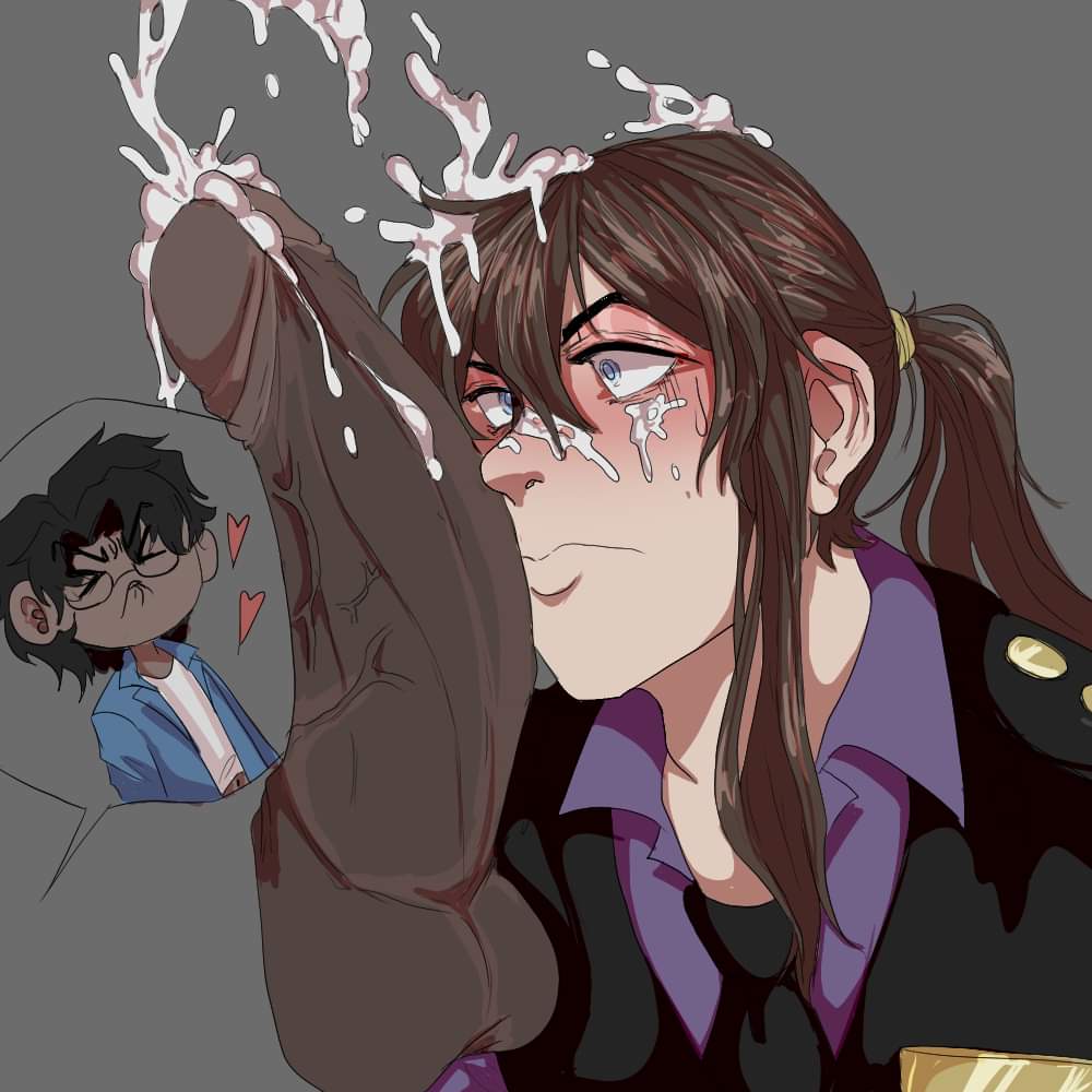 badge, big penis, black body, black hair, black jacket, blue eyes, blue jacket, bowtie, cum, cum in hair, cum on face, cum on penis, cumming, ejaculation, five nights at freddy's, gay, glasses, heart, jacket, jeremy fitzgerald, long hair, male, male only, michael afton, penis, ponytail, purple shirt, shocked, shocked expression, short shirt, simple background, uniform, veiny penis, white body, yaoi