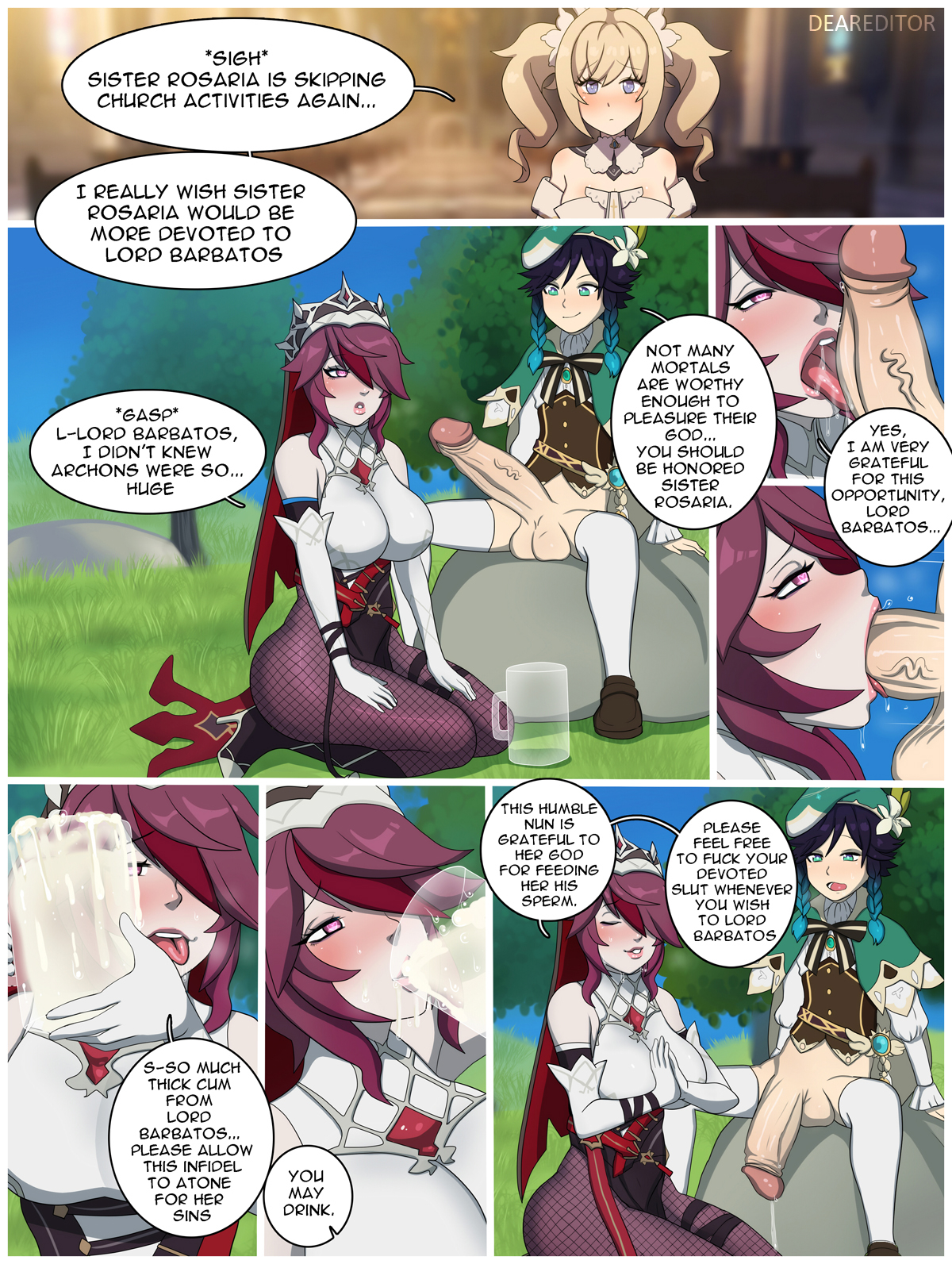 1boy, 2girls, balls, barbara (genshin impact), big penis, blush, comic, cum, cum in container, cum in jar, deareditor, dialogue, drinking cum, fellatio, female, femboy, femboy on female, genshin impact, girly, huge cock, hung trap, licking, licking penis, male, nun, oral, penis, rosaria (genshin impact), speech bubble, straight, testicles, text, veiny penis, venti (genshin impact)