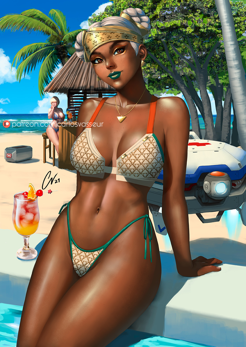 2girls apex_legends bikini blonde_hair breasts brown_eyes brown_eyeshadow carlosvasseur cleavage collarbone dark-skinned_female dark_skin double_bun floating freckles geravass hair_behind_ear hair_bun headband highres jewelry lifeline_(apex_legends) looking_at_viewer medium_breasts midriff multiple_girls navel necklace patreon_logo patreon_username print_bikini print_headband respawn_entertainment solo_focus swimsuit wattson_(apex_legends)