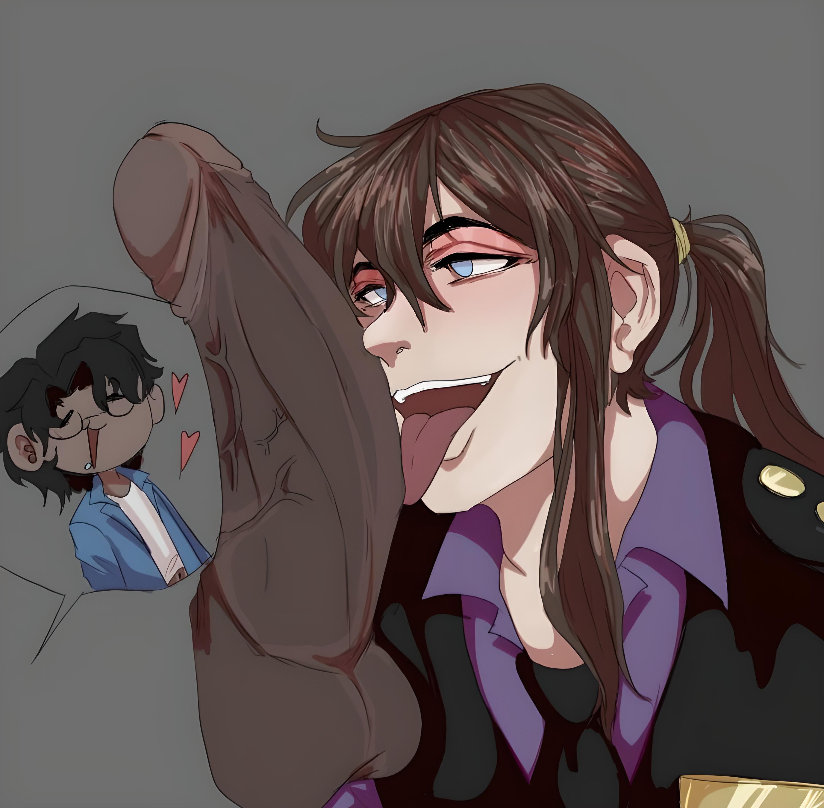 2boys, badge, balls, ballsack, big penis, black body, black hair, black jacket, black penis, blue eyes, blue jacket, bowtie, brown hair, cartoony, erection, five nights at freddy's, foreskin, foreskin folds, gay, glasses, heart, human, jacket, jeremy fitzgerald, licking, licking penis, long hair, long-haired male, male, male only, male/male, michael afton, oral, oral sex, penis, pleasure face, ponytail, purple shirt, retracted foreskin, scrotum, shirt, short shirt, simple background, testicles, tongue, tongue out, uncircumcised, uncut, uniform, veiny penis, white body, yaoi