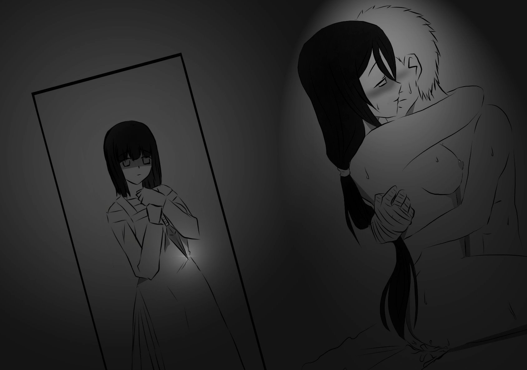 1boy, 2girls, artist request, blush, boruto: naruto next generations, breasts, brother in law and sister in law, brother-in-law and sister-in-law, caught, caught in the act, cheating, cheating husband, climax, clothed male nude female, cowgirl position, cucked by sister, cuckquean, cum, cum inside, cum leak, cum leaking, duo, duo focus, female, holding knife, holding object, husband, husband and wife, hyuuga hanabi, hyuuga hinata, jealous, jealousy, knife, kunai, male, male with female, male/female, moaning, monochrome, multiple females, multiple girls, naked, naruto, naruto (series), netorare, ntr, nude, nude female, nude male, older sister, reverse netorare, sex, sideboob, sister, sister-in-law, sisters, sitting, sitting on person, smile, straddling, sweat, uzumaki hinata, uzumaki naruto, walk-in, wife, yandere, younger sister