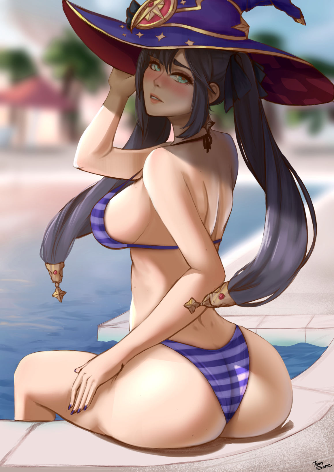 1girls alternate_version_available big_ass big_breasts bikini black_hair blush blush genshin_impact head_turned light_skin looking_at_viewer mona_(genshin_impact) pool sitting summer tsunsune twintails water witch_hat