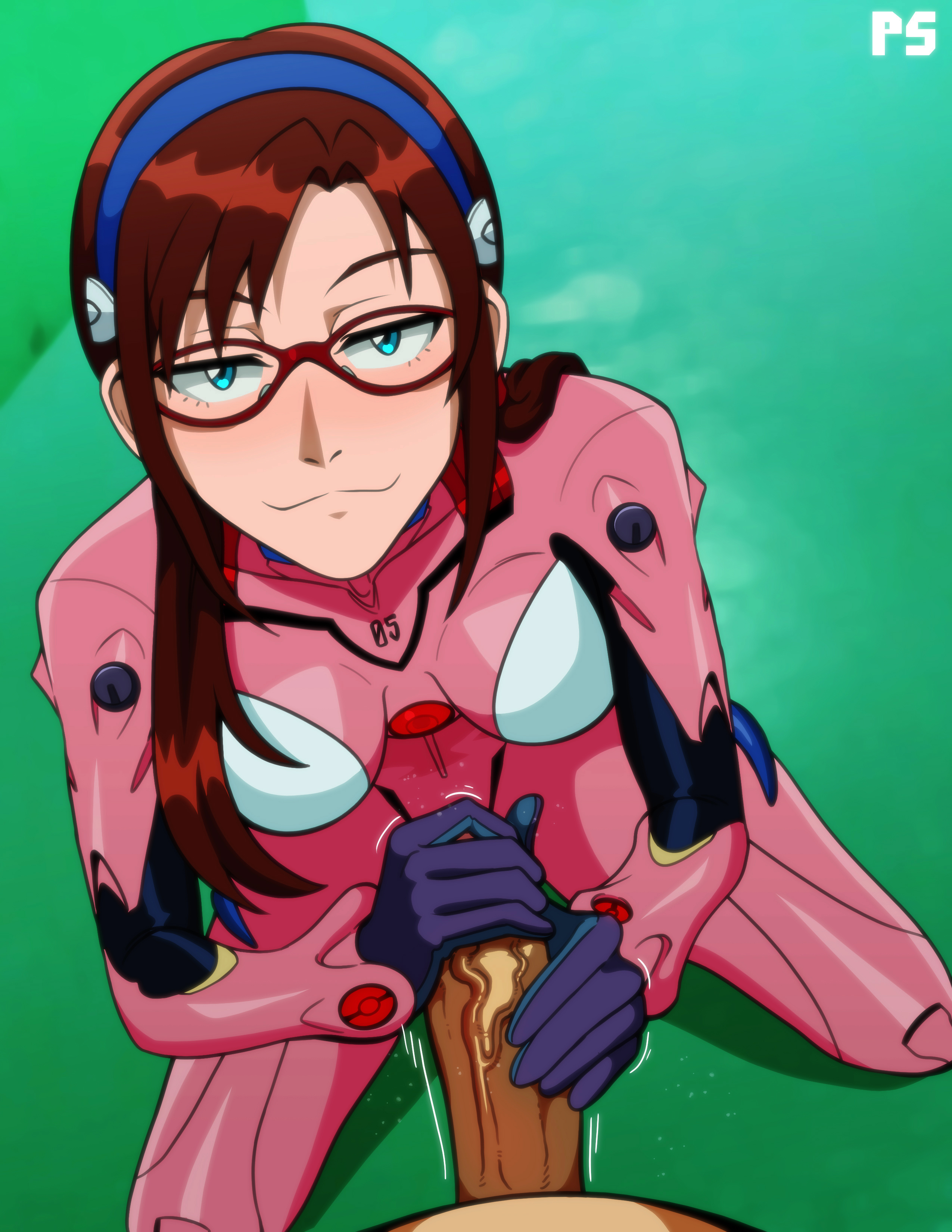 :3, 1boy, 1girls, blue eyes, bodysuit, breasts, brown hair, clothing, female, glasses, gloved handjob, gloves, hairband, hand on penis, handjob, handjob with gloves, holding penis, human, looking at viewer, male, male pov, mari illustrious makinami, medium breasts, neon genesis evangelion, penis, plugsuit, pov, pumpkinsinclair, rebuild of evangelion, sex, shinji ikari, skin tight, smirk, smirking, smirking at viewer, straight, touching penis, twintails