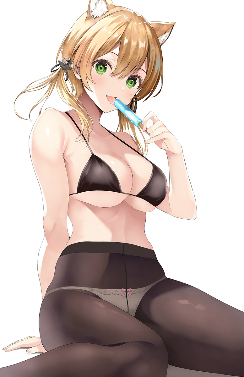 1girls, absurd res, absurdres, animal ear fluff, animal ears, arm behind back, arm support, bangs, bare arms, bare belly, bare chest, bare hands, bare midriff, bare navel, bare shoulders, bare skin, bare torso, belly, belly button, bikini, bikini top only, black bikini, black bra, black hair ribbon, black legwear, black panties, black pantyhose, black ribbon, black stockings, black underwear, blonde, blonde female, blonde hair, blonde-haired female, blush, bow, bow panties, bra, breasts, cat ears, cleavage, collarbone, commentary request, dot nose, elbows, female, female focus, female only, fingernails, fingers, food, green eyes, green-eyed female, groin, hair between eyes, hair ornament, hair ribbon, half naked, hand behind back, hand on floor, hand on ground, head tilt, high resolution, highres, hourglass figure, ice cream, inuzumi masaki, kantai collection, knees, large breasts, legs, legwear, light skin, light-skinned female, long hair, looking at viewer, medium hair, naked, naked female, navel, nude, nude female, panties, pantyhose, parted lips, popsicle, prinz eugen (kantai collection), ribbon, shoulders, sideboob, simple background, sitting, sitting on ass, sitting on floor, sitting on ground, sitting on knees, slender body, slender waist, slim female, slim waist, solo, stockings, swimsuit, thick thighs, thighs, thin waist, tilted head, tongue, tongue out, twintails, twintails (hairstyle), underboob, underwear, underwear only, upper body, v-line, wariza, white background, white panties, wide hips