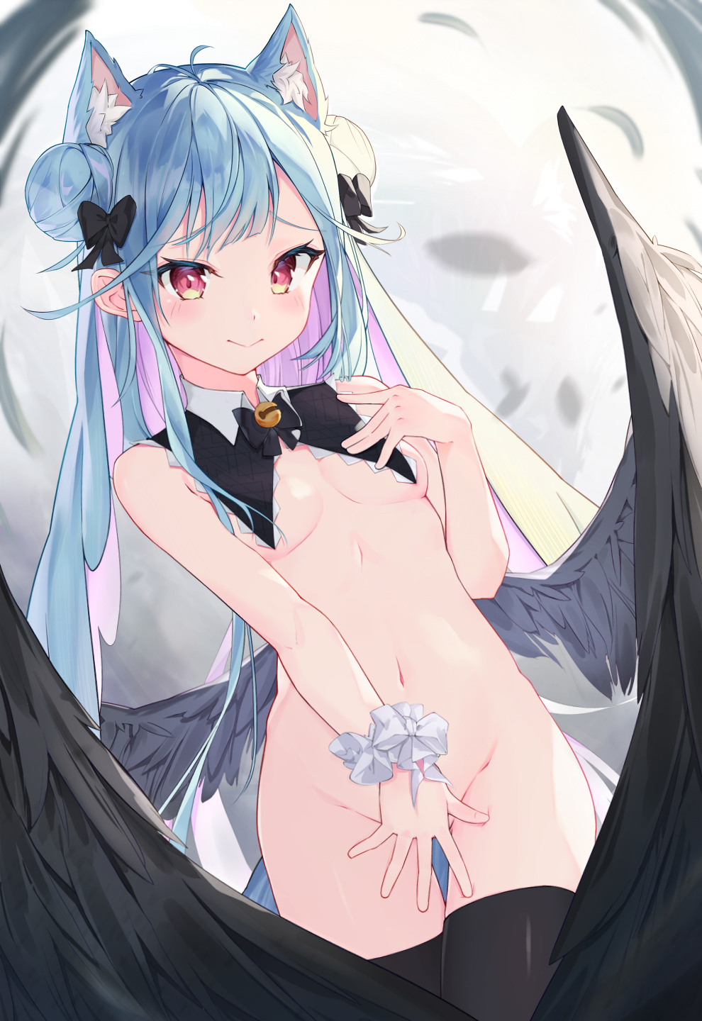 angel wings, animal ears, antenna hair, bare arms, bare shoulders, bell, black legwear, blue hair, bow, bowtie, breasts, cat ears, covering, covering crotch, cowboy shot, detached collar, double bun, feathered wings, female, groin, hair bun, hairbow, hand up, highres, jingle bell, long hair, looking at viewer, mishuo (misuo69421), multi ear, multicolored hair, navel, nude, original, pink hair, red eyes, sidelocks, small breasts, smile, solo, standing, stomach, thigh gap, thighhighs, two-tone hair, very long hair, wing collar, wings