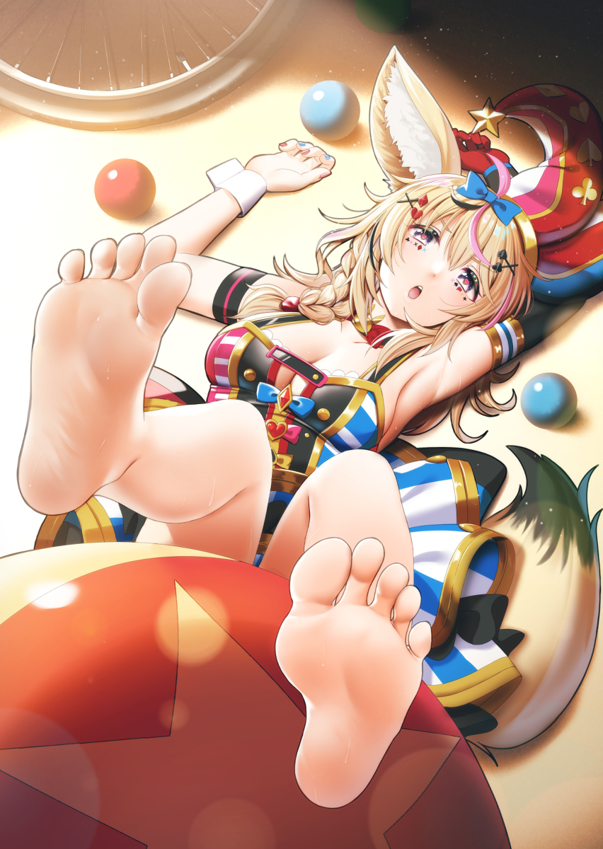ball (object), barefoot, casino (casinoep), clown, foot focus, hololive, hololive gen 5, hololive japan, omaru polka, virtual youtuber