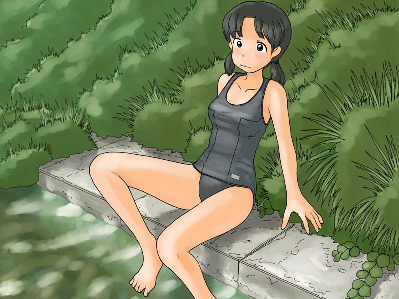 awatake_takahiro female green_water riverbank sanpo_de_inaka_de_natsu school_swimsuit sitting_on_ground twintails waterside