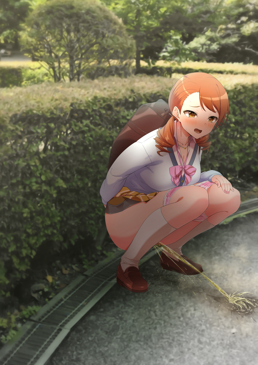 1girls a0midori aomidori backpack blush hojo_karen idolmaster idolmaster_cinderella_girls orange_hair outside peeing school_uniform skirt skirt_lift soxkyo squatting urination urine