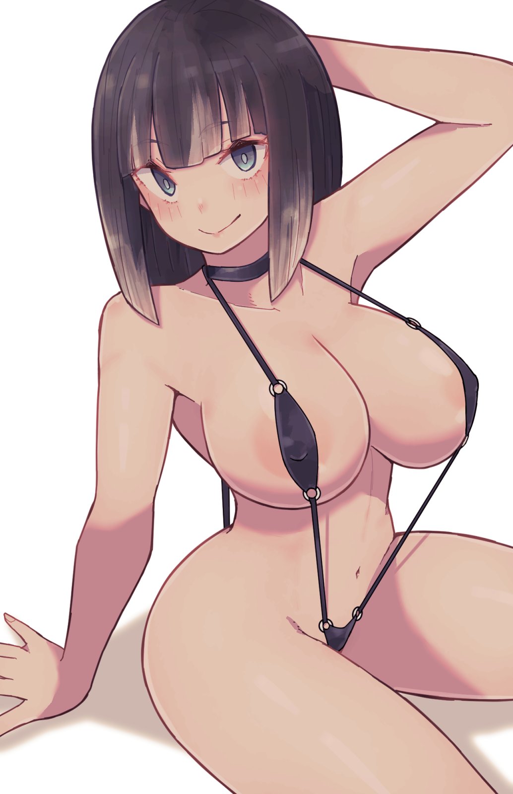 1girls, areola slip, arm behind head, black hair, black swimsuit, blue eyes, blush, breasts, closed mouth, female, hand up, highres, lamb-oic029, large breasts, long hair, looking at viewer, navel, original, simple background, sitting, sling bikini, slingshot swimsuit, smile, solo, swimsuit, white background