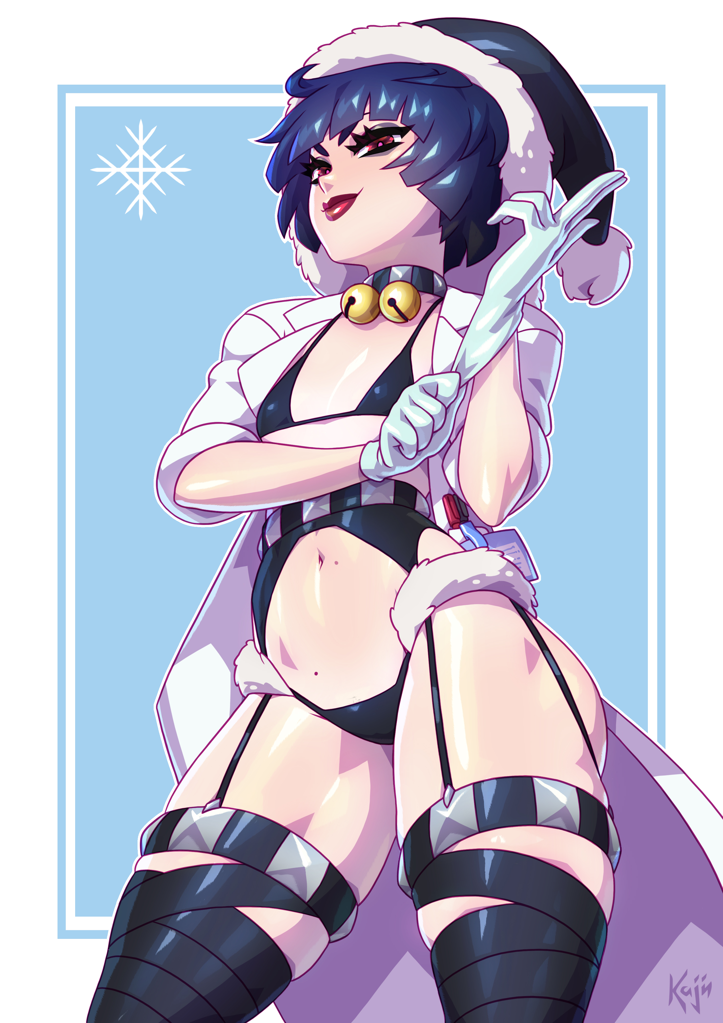 1girls, alternate costume, alternate version available, atlus, bell, bells, belly, big lips, black thighhighs, bottomwear, choker, christmas, christmas hat, clothing, coat, curvaceous, curvy, dark blue hair, female, female only, flat chest, garter belt, garter straps, gloves, goth, hair, hat, hi res, highres, hips, holidays, kajinman, labcoat, lips, lipstick, looking at viewer, mature, mature female, persona, persona 5, red eyes, red lips, red lipstick, seductive, seductive look, seductive smile, short hair, smile, solo, solo female, tae takemi, thick lips, thick thighs, thighhighs, thighs, topwear, white coat, wide hips