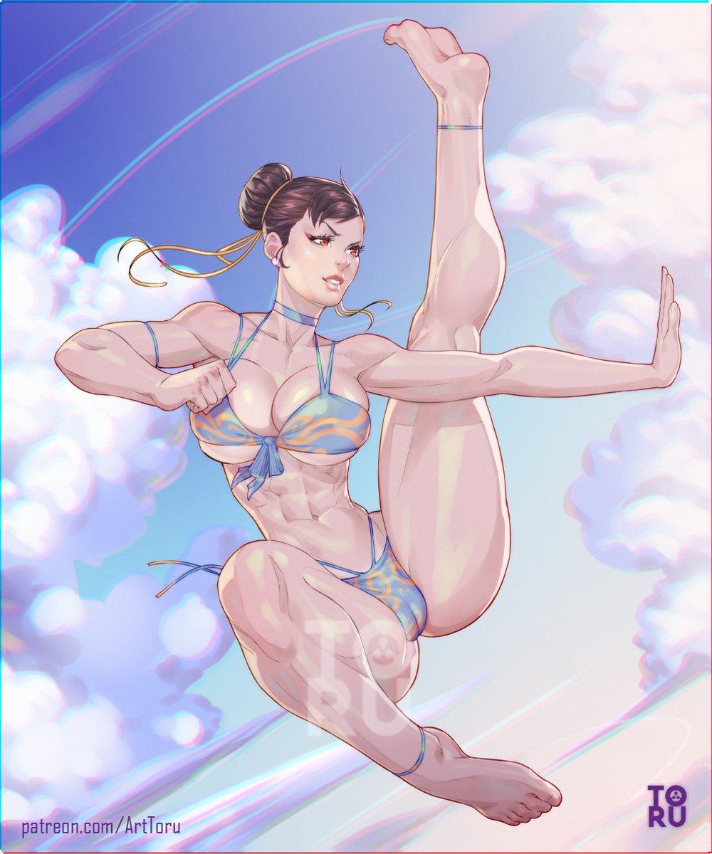 1girls, abs, action pose, arttoru, athletic, athletic female, bikini, boob window, bracelet, breasts, cameltoe, capcom, chun-li, erect nipples, female, female focus, female only, kicking, muscular, muscular female, nipples, pussy, skinny, solo, street fighter, street fighter 6, thick thighs, white skin