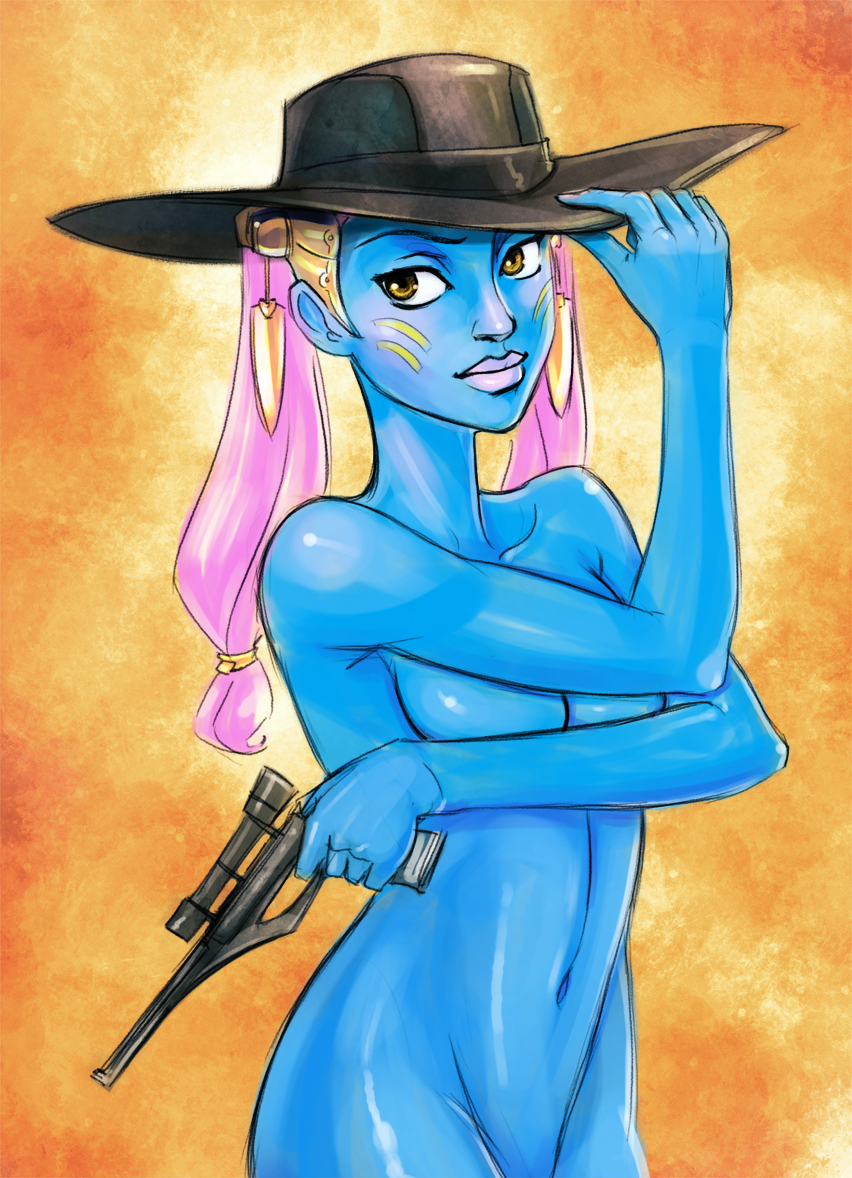 1girls 2d alien alien_girl blaster blue-skinned_female blue_skin breasts clone_wars female hat nude pantoran pink_hair psudonym riyo_chuchi solo source_request star_wars tagme