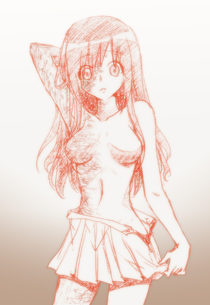 1girls arm_behind_head arm_up armpit bare_shoulders breasts burn_scar burns eyebrows_visible_through_hair female female_only gradient_background hair_over_one_eye ikezawa_hanako katawa_shoujo long_hair looking_at_viewer medium_breasts monochrome navel no_bra no_nipples no_panties one_eye_covered parted_lips pleated_skirt scar scarring scars skirt skirt_only skirt_pull solo standing topless undressing zatsudan