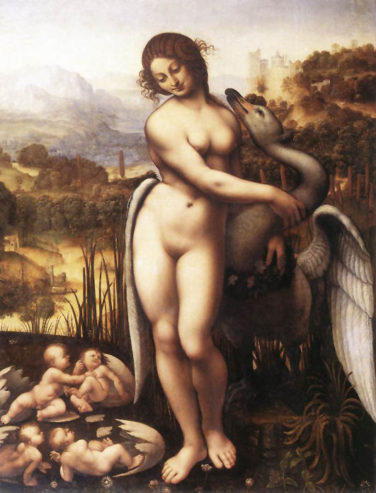 1girls fine_art greek_mythology leda_and_the_swan leonardo_da_vinci mythology painting_(artwork) public_domain rapist rapist_real size_difference straight_hair swan traditional_art zeus