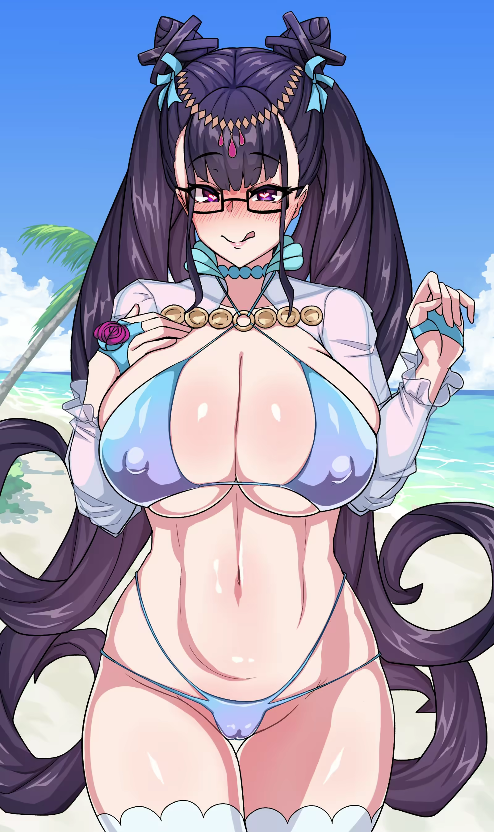 1girls, big breasts, breasts, choker, fate (series), fate/grand order, female, female only, glasses, hair accessory, heart-shaped pupils, leggings, licking lips, long hair, looking at viewer, murasaki shikibu (swimsuit rider) (fate), muta poo, nipple bulge, purple eyes, purple hair, seductive, skindentation, solo, swimsuit, thong
