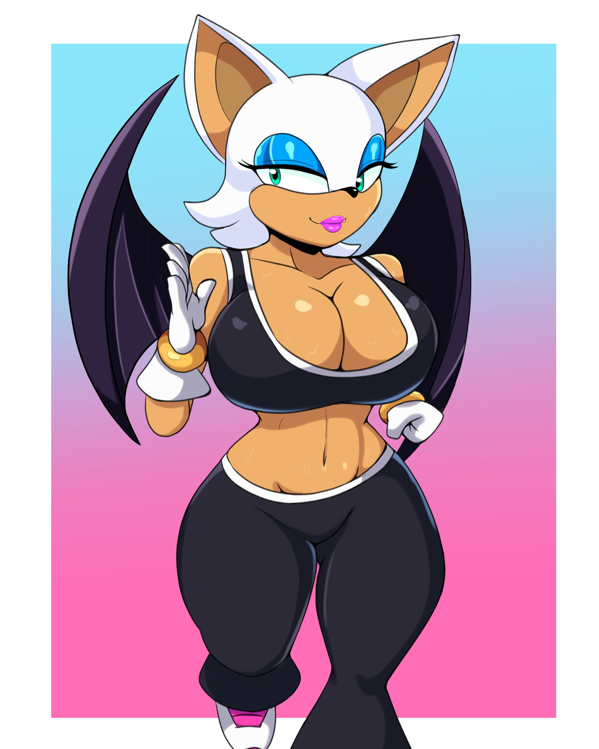 1girls, bat wings, big breasts, breasts, busty, child bearing hips, cleavage, curvy, female, female only, highres, hips, iggy-bomb, large breasts, legs, lipstick, makeup, midriff, navel, pants, pink lips, rouge the bat, sega, smile, solo, sonic (series), sports bra, sportswear, thick thighs, thighs, toned, voluptuous, wide hips, wings