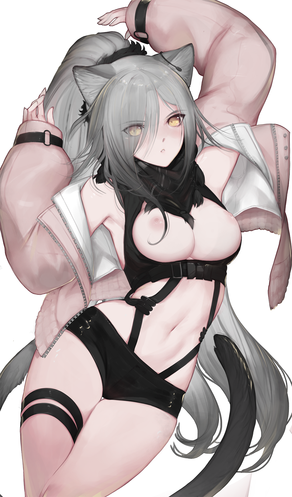 animal_ears arknights arm_up bangs bare_shoulders black_scarf black_shorts breasts cat_ears cat_tail cleavage commentary cowboy_shot crop_top eyes_visible_through_hair female female grey_jacket hair_over_one_eye hand_up highres jacket large_breasts long_hair long_sleeves looking_at_viewer midriff mmmegh navel nipples off_shoulder open_clothes open_jacket parted_lips puffy_sleeves scarf schwarz_(arknights) short_shorts shorts silver_hair solo stomach tail thigh_strap thighs transparent_background very_long_hair yellow_eyes