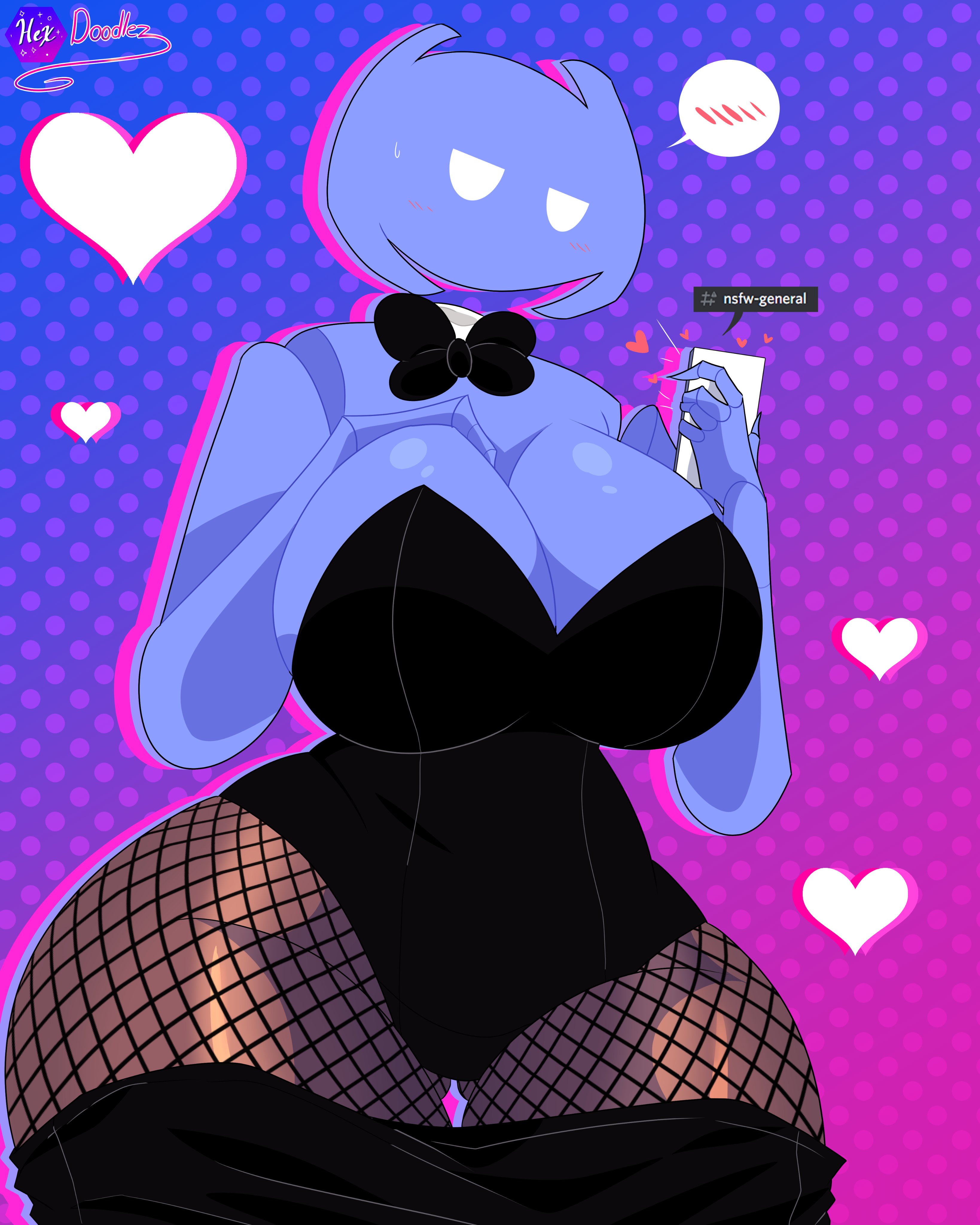 1girls, big breasts, blush, breasts, bunnysuit, clyde (discord), discord (app), female, fishnets, heart, phone, solo female, tagme, thick thighs