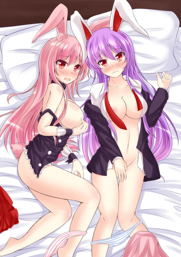 2girls animal_ears areolae arm arms art bad_hands bare_legs bare_shoulders barefoot bed bed_sheet blush breasts bunny_ears bunny_girl bunny_tail cleavage collarbone covering covering_crotch covering_pussy crossover embarrassed feet female from_above kurousagi_(mondaiji) large_breasts legs long_hair looking_at_viewer lying messenger-lame midriff mondaiji_tachi_ga_isekai_kara_kuru_sou_desu_yo? mound_of_venus multiple_girls navel neck nipples nude on_back on_side open_mouth pillow pink_hair problem_children_are_coming_from_another_world purple_hair red_eyes reisen_udongein_inaba shiny shiny_hair shiny_skin shy sideboob tail thigh_gap touhou wavy_mouth