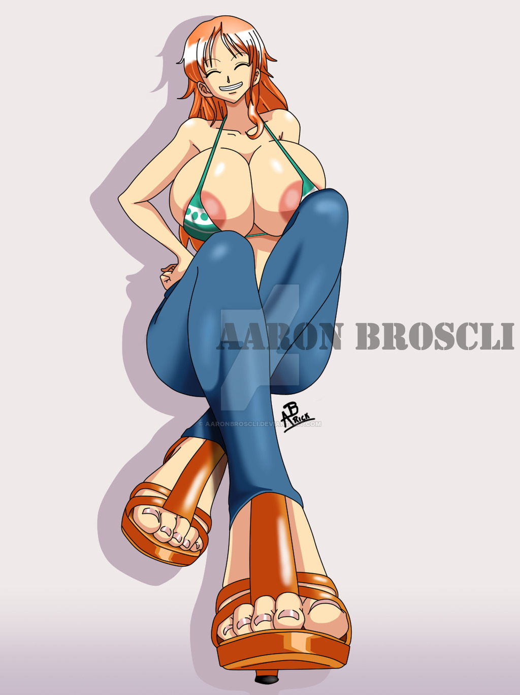 1girls, 2022, aaron broscli, absurd res, absurdres, big breasts, big nipples, bikini, bikini top, bikini top only, bra, breasts, cleavage, closed eyes, feet, female, female only, foot fetish, foot focus, hand on hip, high heels, huge breasts, huge nipples, human, jeans, large breasts, large nipples, long hair, midriff, nail polish, nami (one piece), navel, nipple slip, nipples, nipples visible through clothing, one piece, orange hair, pants, pink nail polish, pink nails, pink nipples, pink toenails, post-timeskip, sandals, shounen jump, smile, smiling at viewer, solo, striped bikini, stripper heels, toes