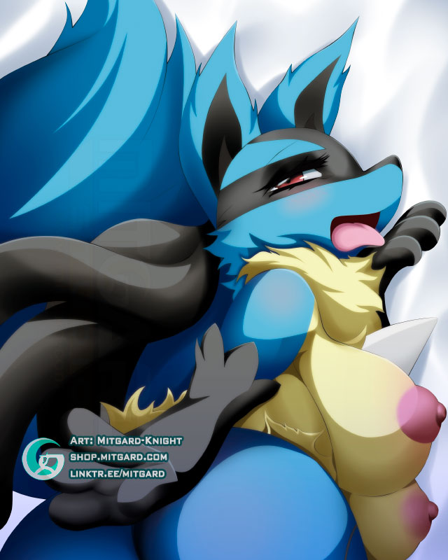 anthro areolae big_breasts bodypillow breasts dakimakura_design erect_nipples female female_lucario lucario mitgard-knight nintendo nipples pink_areola pokemon pokemon_(species) solo solo_focus tongue tongue_out video_games wolf_ears