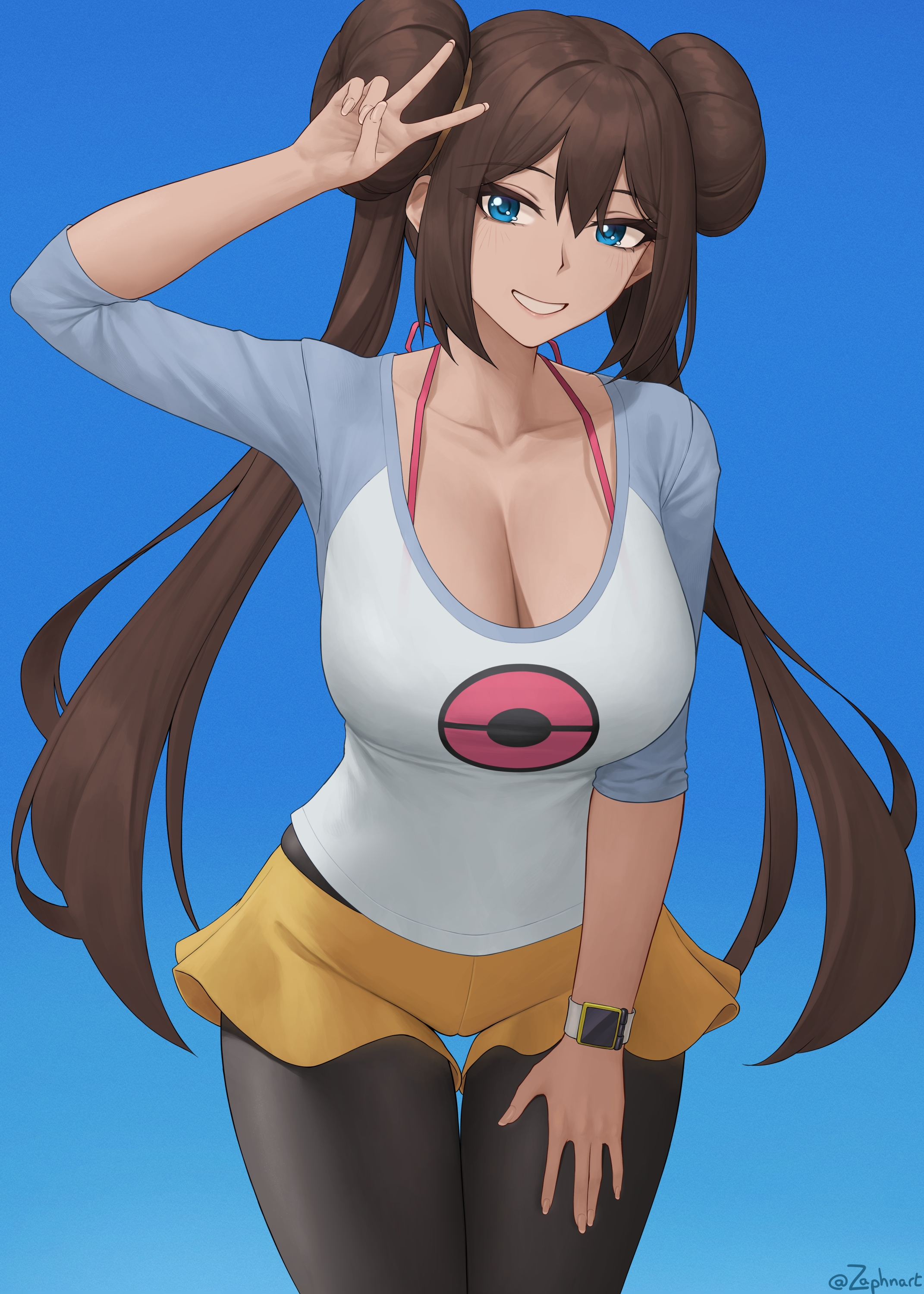 1girls, 2022, blue eyes, breasts, brown hair, cleavage, clothed, clothed female, female, female only, grin, hat removed, hi res, hips, huge breasts, leggings, long hair, nintendo, no hat, pantyhose under shorts, pantyhose under skirt, peace sign, pokemon, pokemon bw2, rosa (pokemon), short skirt, shorts, skirt, slim waist, smile, thick thighs, thighs, tight clothing, twin buns, twintails, wide hips, yellow shorts, yellow skirt, zaphn