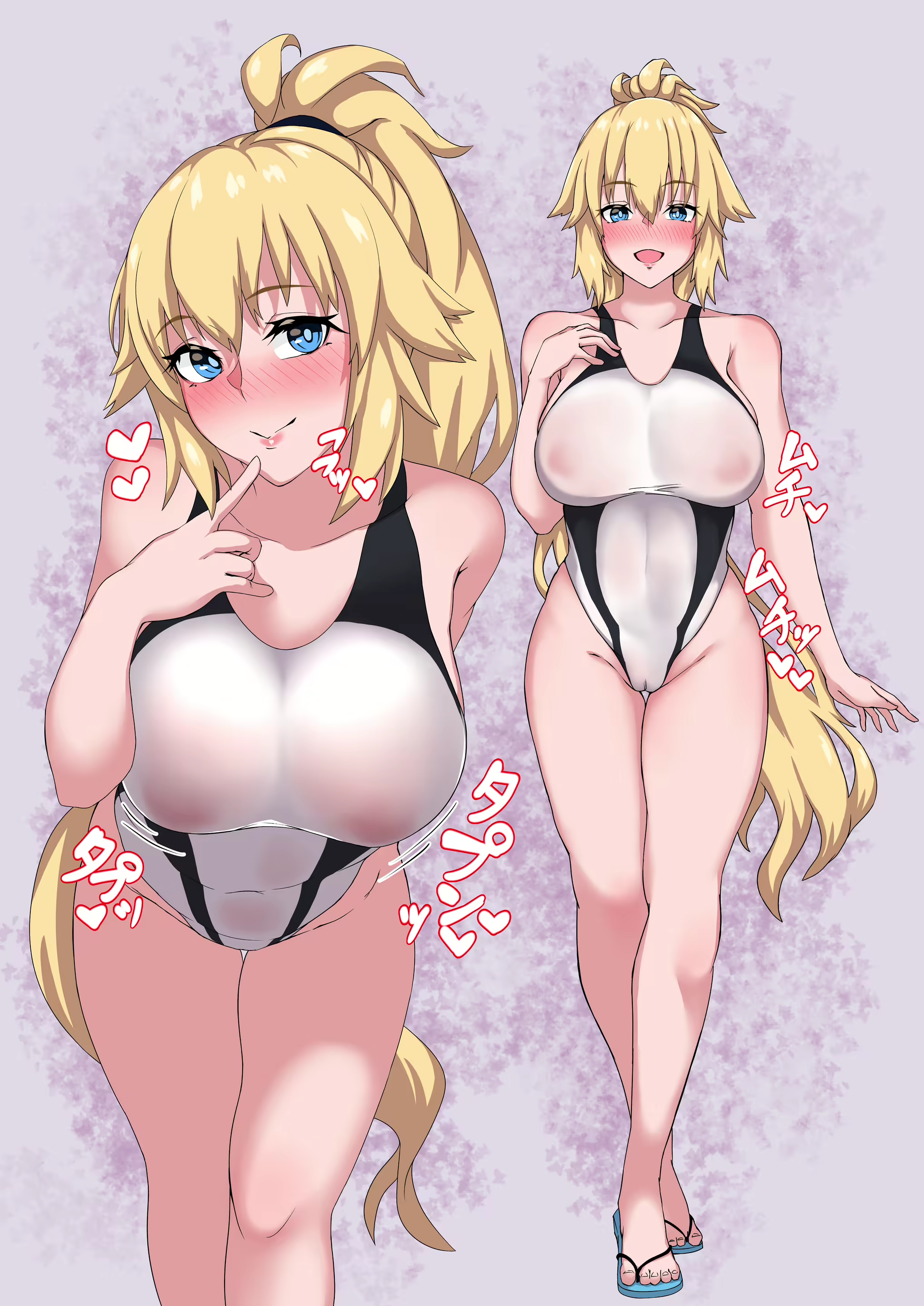1girls, big breasts, blonde female, blonde hair, blush, breasts, fate (series), fate/grand order, feet, female, full body, jeanne d'arc (fate), jeanne d'arc (swimsuit archer), looking at viewer, muta poo, nipples visible through clothing, one-piece swimsuit, ponytail, sandals, seductive, see-through, skindentation, solo, sweat, swimsuit, very long hair