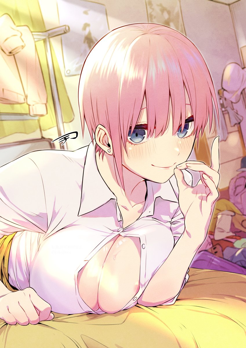 1girls, areola slip, bed, big breasts, blue eyes, blush, breasts, busty, cleavage, female, female only, go-toubun no hanayome, large breasts, looking at viewer, lying, nakano ichika, on stomach, open clothes, open shirt, pink hair, short hair, smile, solo