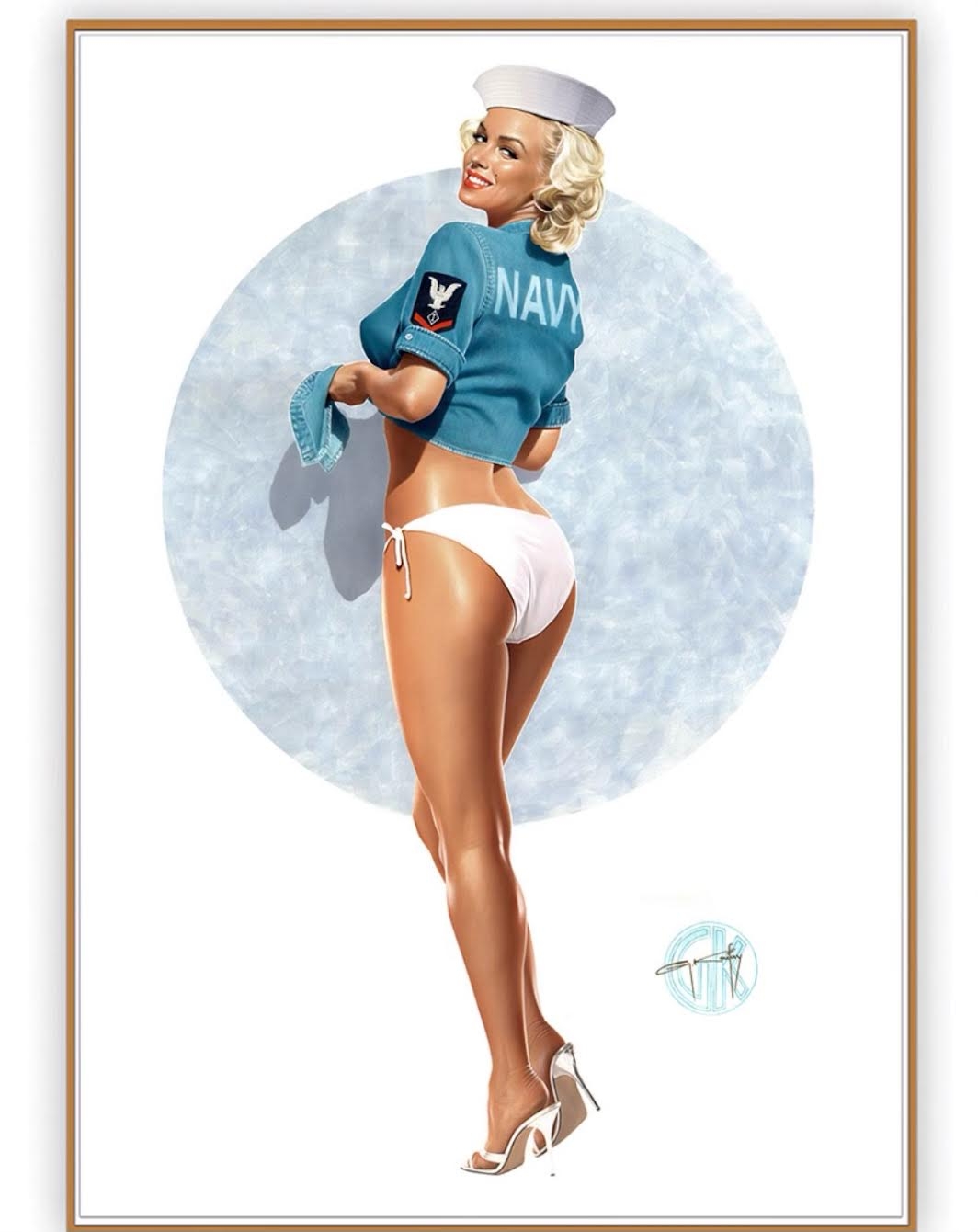 1950s, 50s, ass, bedroom eyes, blonde hair, celebrity, female, gennadiy koufay, hat, looking at viewer, marilyn monroe, milf, military cap, military hat, military jacket, military uniform, navy, painting (artwork), panties, partially clothed, seducing, seductive, seductive eyes, seductive gaze, seductive look, seductive mouth, seductive pose, seductive smile, short hair, white panties
