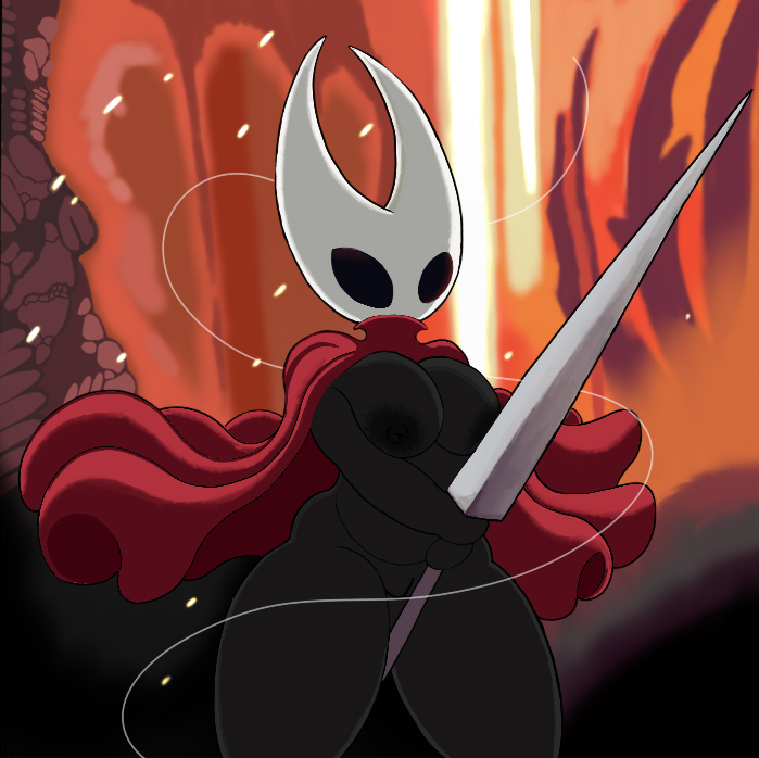 anthro arthropod black_body breasts cape clothing female holding_object holding_weapon hollow_knight hornet_(hollow_knight) insects lava needle_(disambiguation) nipples poraka7 solo string team_cherry thick_thighs video_games weapon