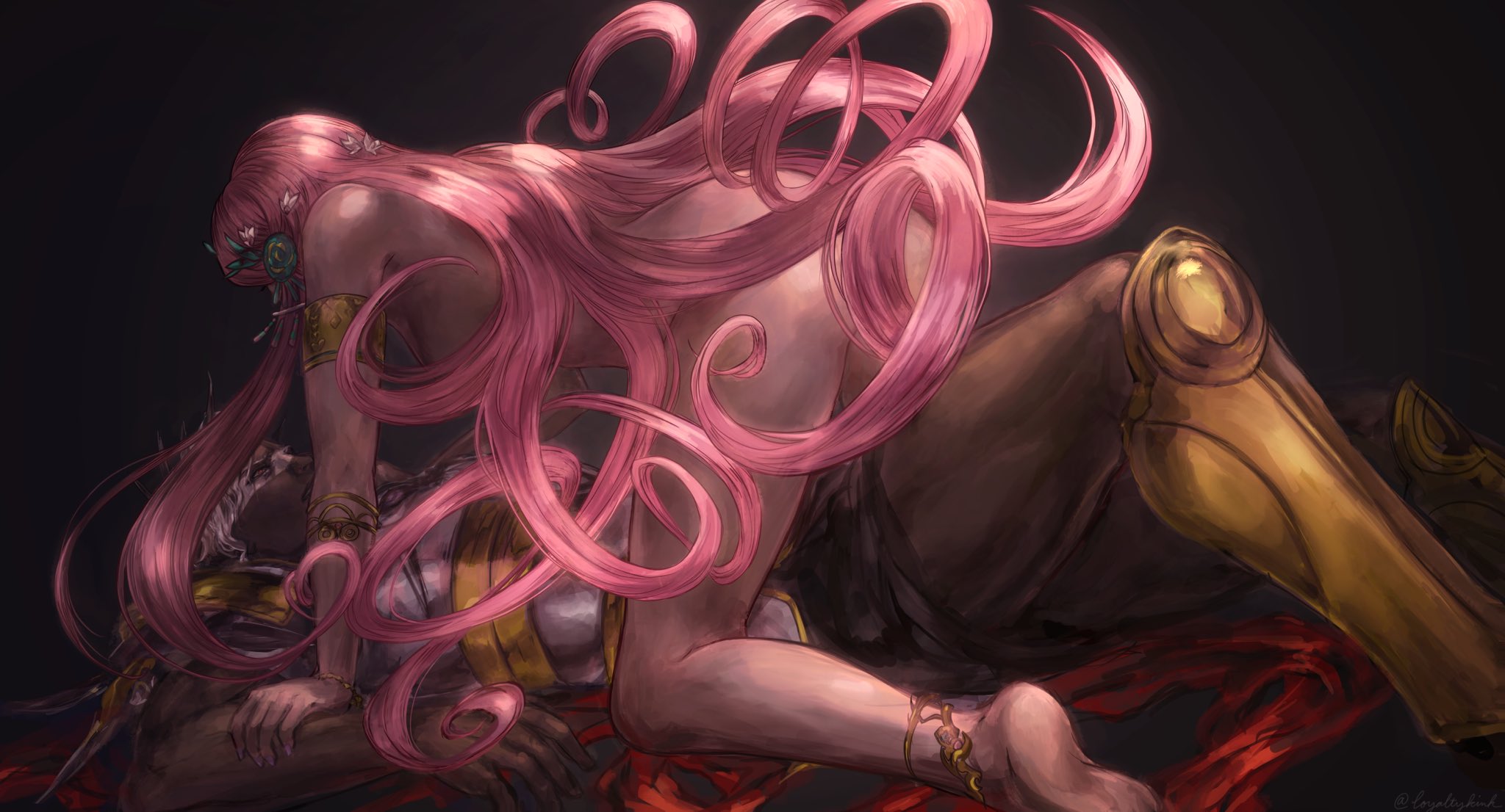 1boy, 1girls, 2020, anklet, aphares, aphrodite, aphrodite (hades), ares, ares (hades), armbands, armor, bracelets, clothed male nude female, convenient censoring, dark skin, dark-skinned male, divine slut, european mythology, female, female on top, femdom, greek mythology, hades (game), hair ornament, jewelry, long hair, looking at another, loyaltykink, male, mythology, nude, nude female, pink hair, pinned, pinned down, supergiant games, wavy hair