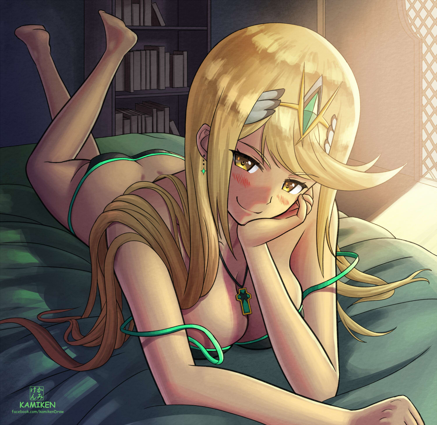 1girls, ass, ass cleavage, ass crack, bangs, barefoot, bed, bedroom, big breasts, bikini, blonde hair, book, bookshelf, breasts, busty, butt crack, cleavage, earrings, feet, female, female only, green bikini, hand on own cheek, hand on own face, highres, indoors, jewelry, kamiken, large breasts, long hair, looking at viewer, lying, multicolored bikini, multicolored clothes, mythra, necklace, nintendo, on bed, on stomach, revision, seductive, seductive smile, sensual, smile, solo, strap slip, swept bangs, swimsuit, the pose, tiara, xenoblade chronicles (series), xenoblade chronicles 2