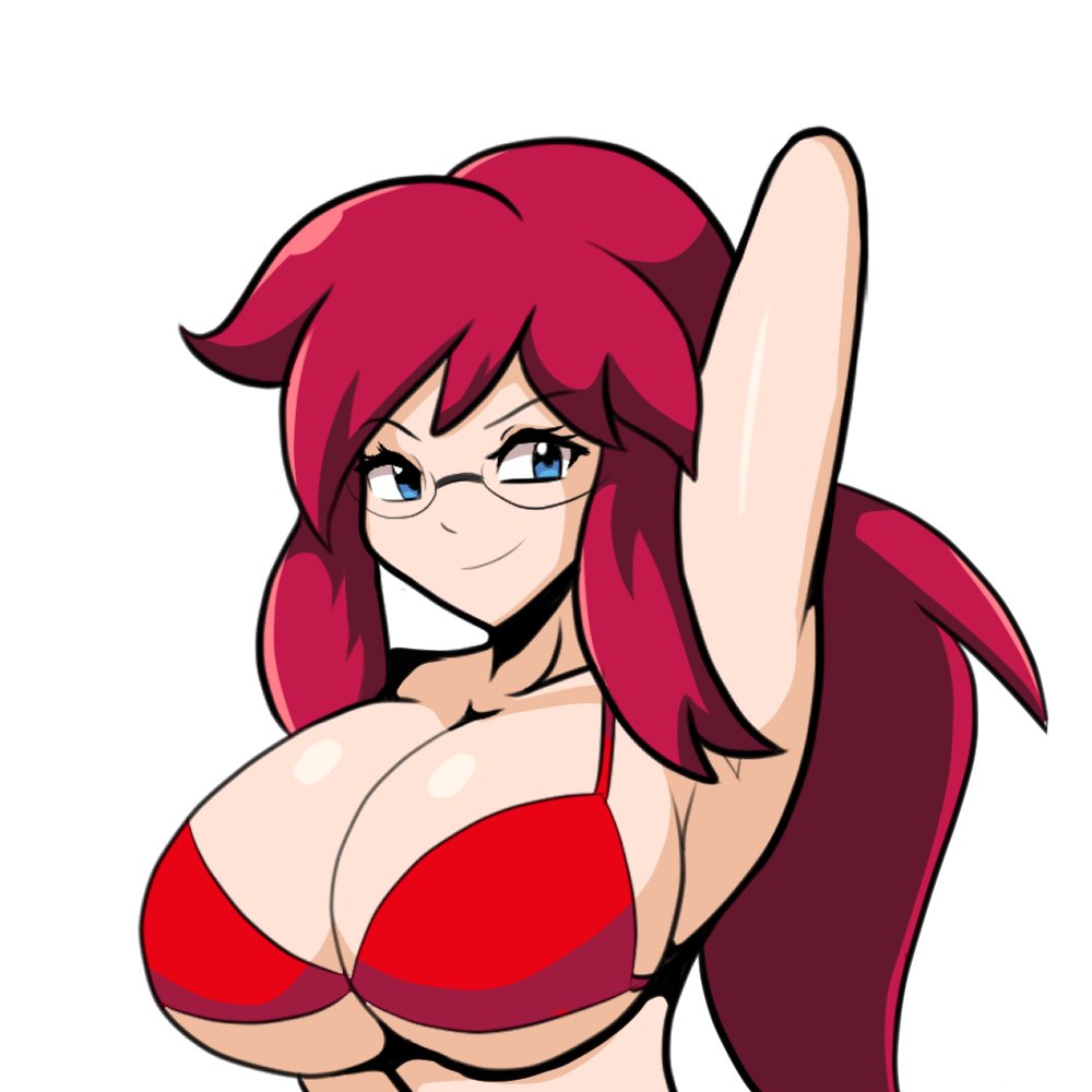 1girls, arm behind head, armpits, big breasts, bikini, bikini top only, blue eyes, breasts, busty, cleavage, confident, creatures (company), female, female only, game freak, glasses, huge breasts, iggy-bomb, long hair, lorelei (pokemon), mature female, nintendo, pokemon, pokemon (game), pokemon lgpe, ponytail, pose, posing, red bikini, red hair, smile, solo, source request, swimsuit, underboob