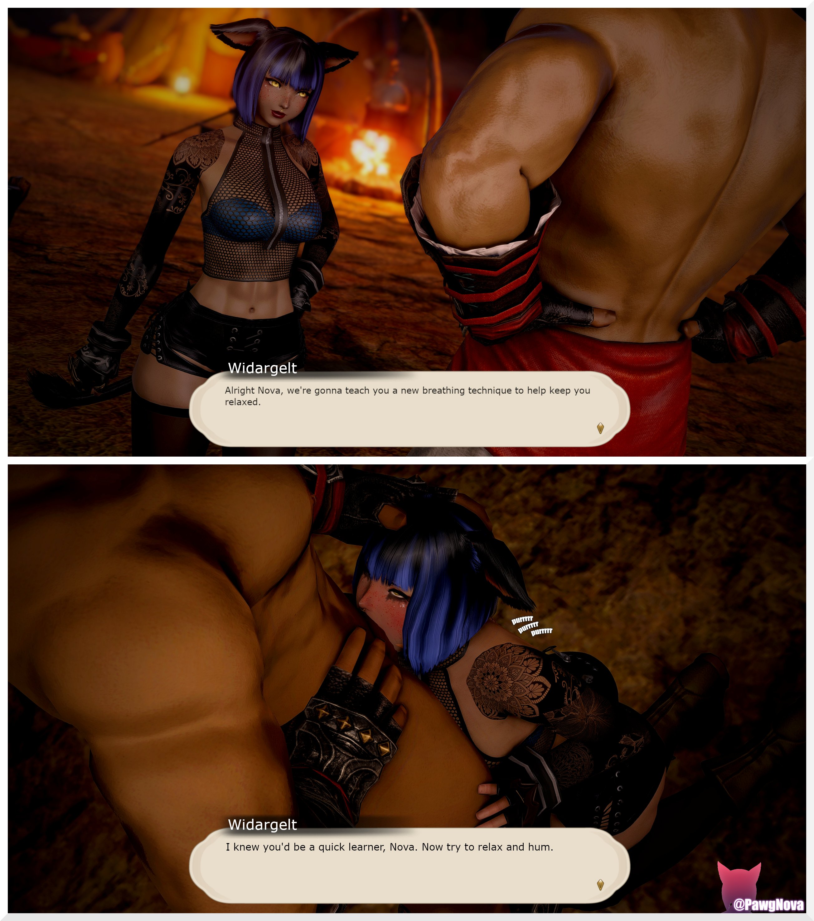blowjob, blushing, dark skin, dark-skinned female, deepthroat, female, final fantasy, final fantasy xiv, gpose (ffxiv), kemonomimi, miqo'te, pawgnova, tagme