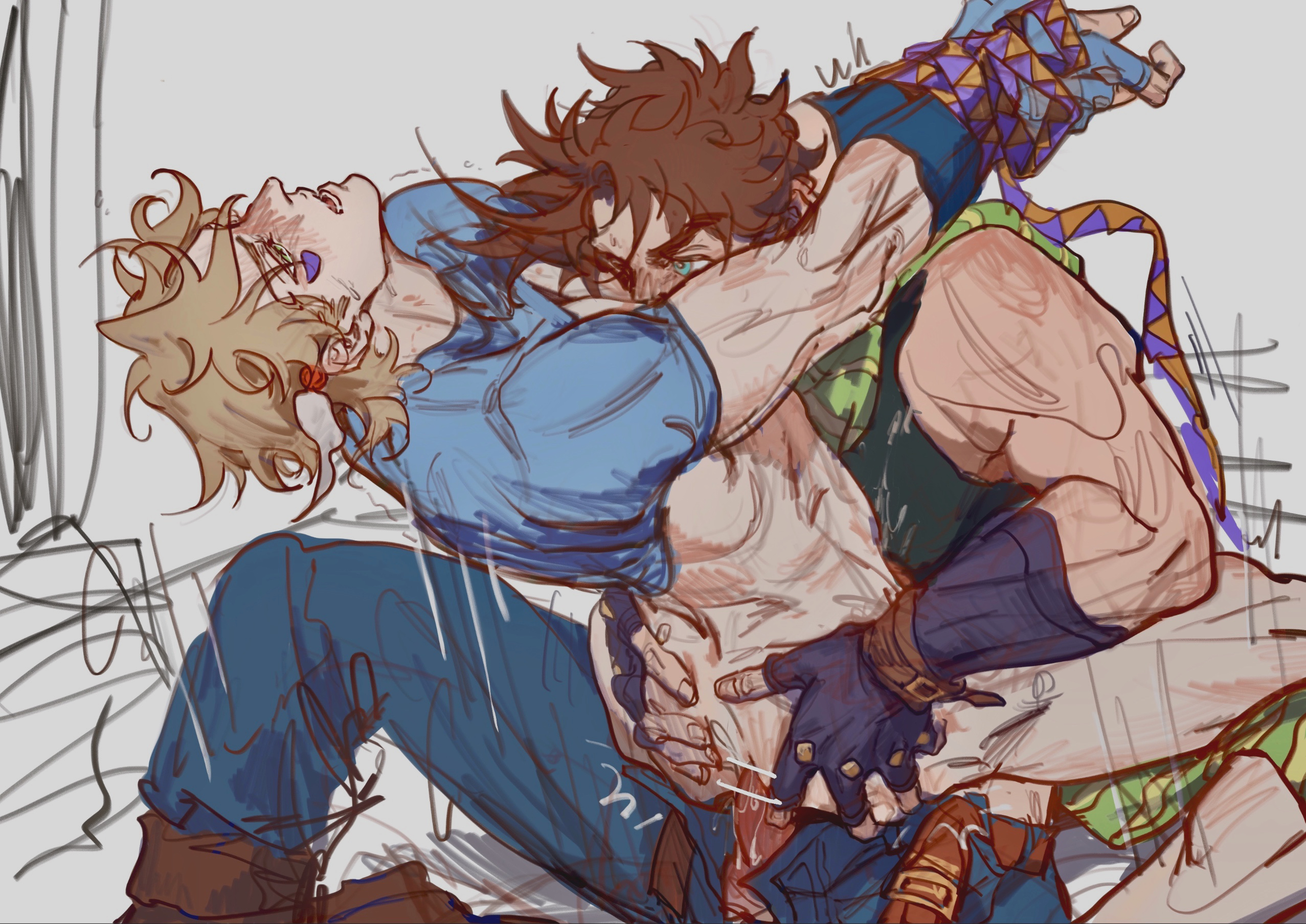 2boys, anal, bar censor, battle tendency, blonde hair, brown hair, caesar zeppeli, censored, clothed sex, clothing, fingerless gloves, gay, gloves, hands tied, jojo's bizarre adventure, joseph joestar, male, male only, male penetrated, male penetrating male, male/male, penetration, unbuckled belt, unzipped pants, yaoi
