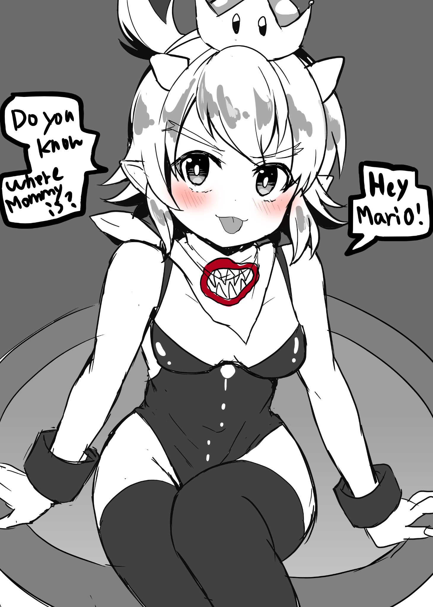 1girls, bowsette jr., breasts, female, mario (series), nintendo, sitting, small breasts, thick thighs, thighhighs, thighs, tongue, tongue out