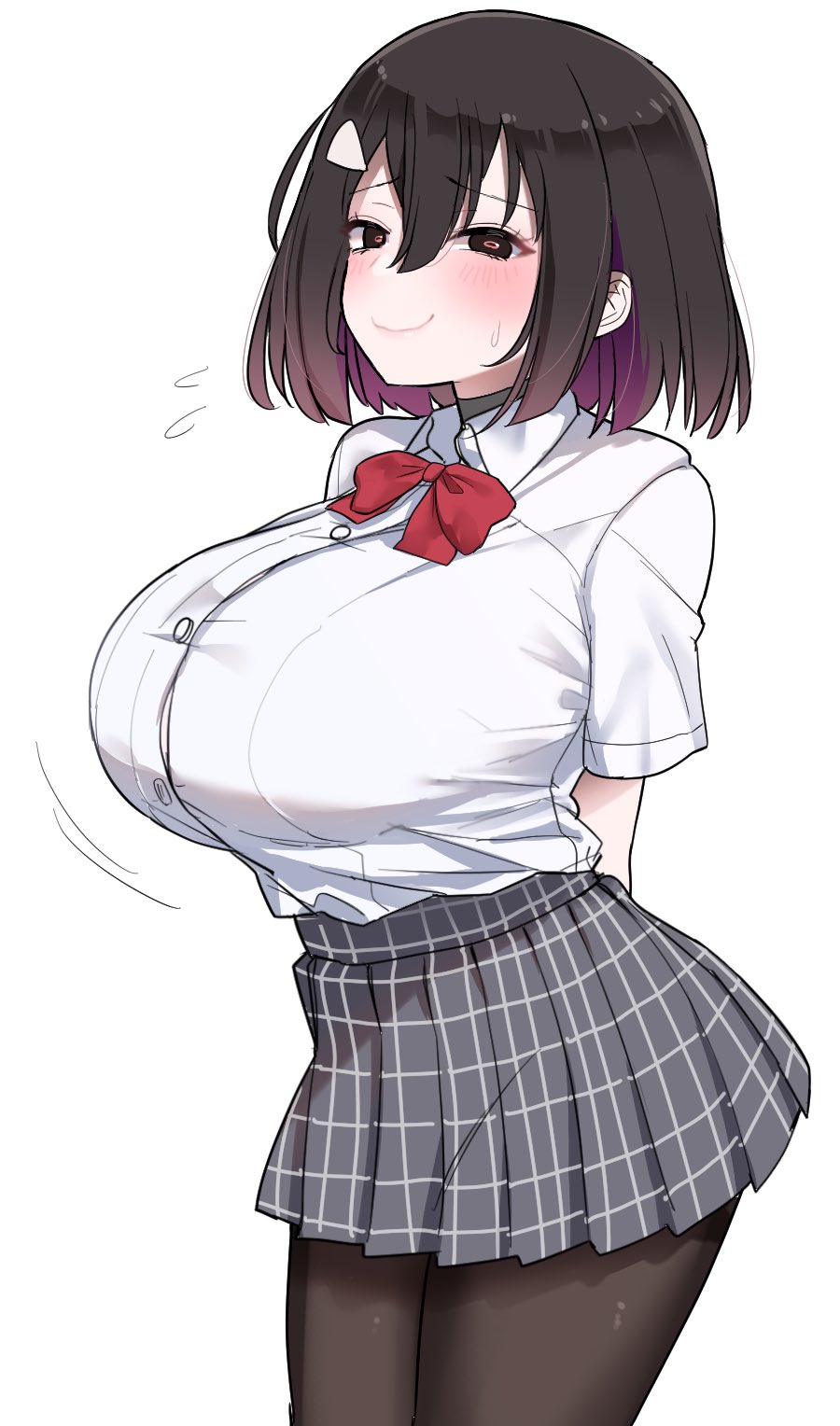 akitokage black_hair blush breasts hair_ornament huge_breasts large_breasts looking_at_viewer motion_lines multicolored_hair original pantyhose ribbon school_uniform shirt short_hair simple_background skirt smile standing sweat white_background white_shirt