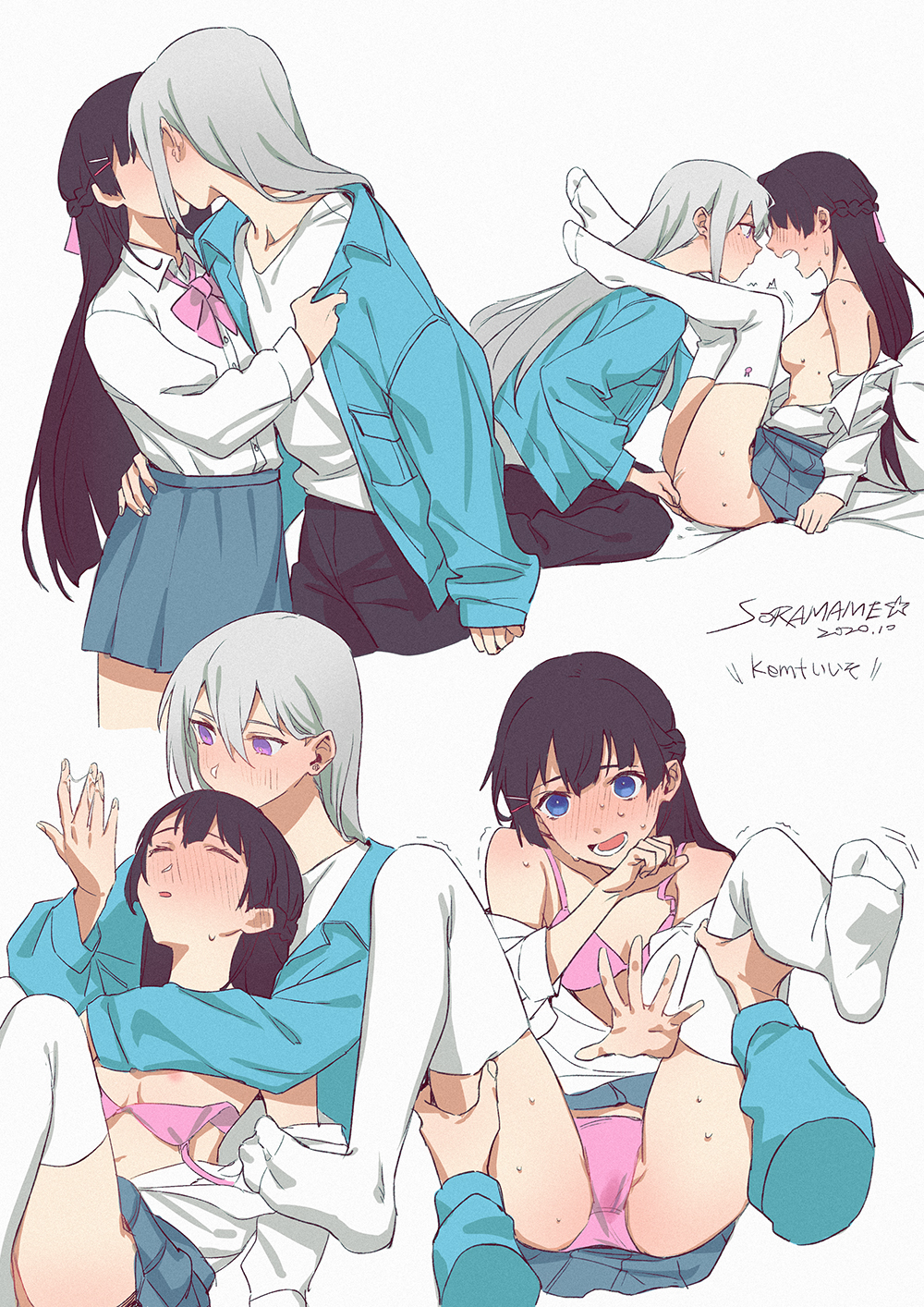 2girls ^^^ areola_slip artist_name black_hair blue_eyes blue_jacket blue_skirt blush bra bra_pull braid casual clothes_grab clothes_pull collared_shirt covered_face dated disembodied_limb dress_shirt female_pov fingering from_side grey_hair hair_down half_updo hand_on_another's_hip highres higuchi_kaede hug hug_from_behind implied_kiss jacket jacket_grab long_hair lower_teeth mole mole_(marking) mole_under_eye multiple_girls multiple_views nijisanji no_shoes open_mouth panties pink_bra pink_panties pleated_skirt pov purple_eyes pussy_juice school_uniform shirt shirt_pull shirt_tucked_in signature skirt soramame_(corndog) spread_legs sweat teeth thighhighs trembling tsukino_mito underwear virtual_youtuber white_background white_legwear white_shirt wholesome yuri