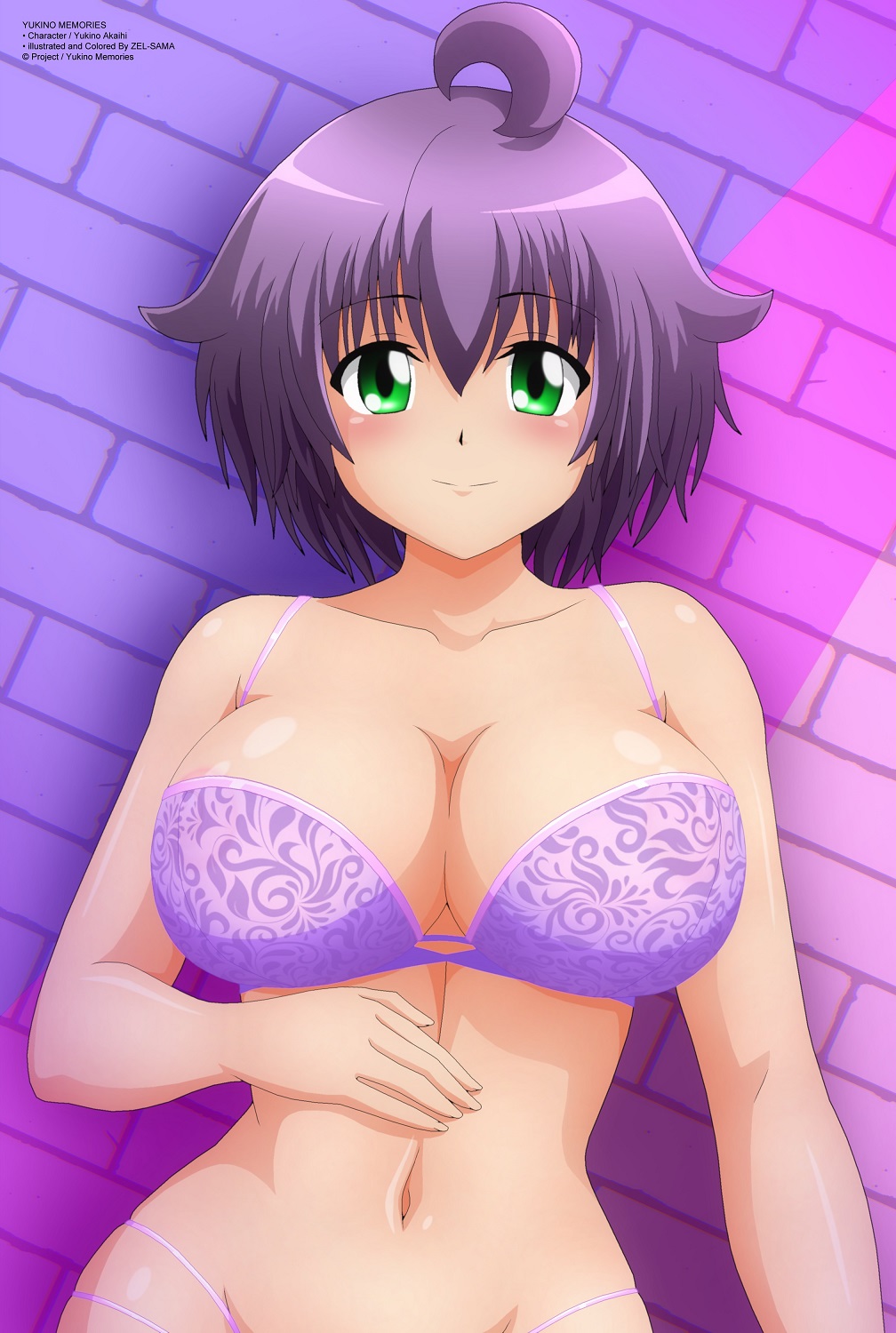 1girls big_breasts bra breasts busty cleavage female female_only green_eyes highres large_breasts looking_at_viewer navel panties purple_bra purple_hair purple_panties short_hair smile string_panties underwear yukino_akaihi yukino_memories zel-sama