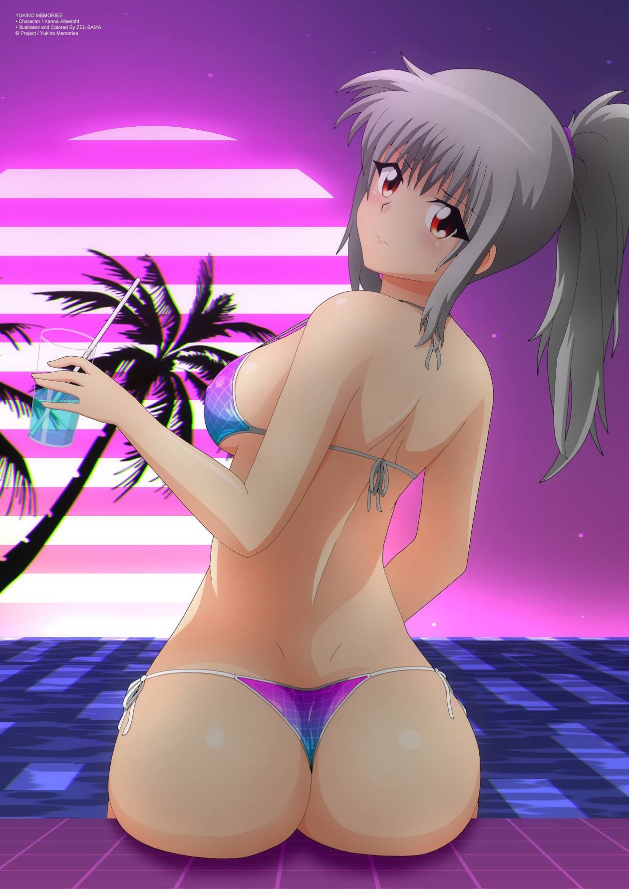 1girls ass big_ass bikini breasts butt_crack dat_ass drink female female_only grey_hair highres kanna_albeecht legs looking_at_viewer looking_back original ponytail red_eyes sideboob sitting solo swimsuit thighs thong thong_bikini yukino_memories zel-sama